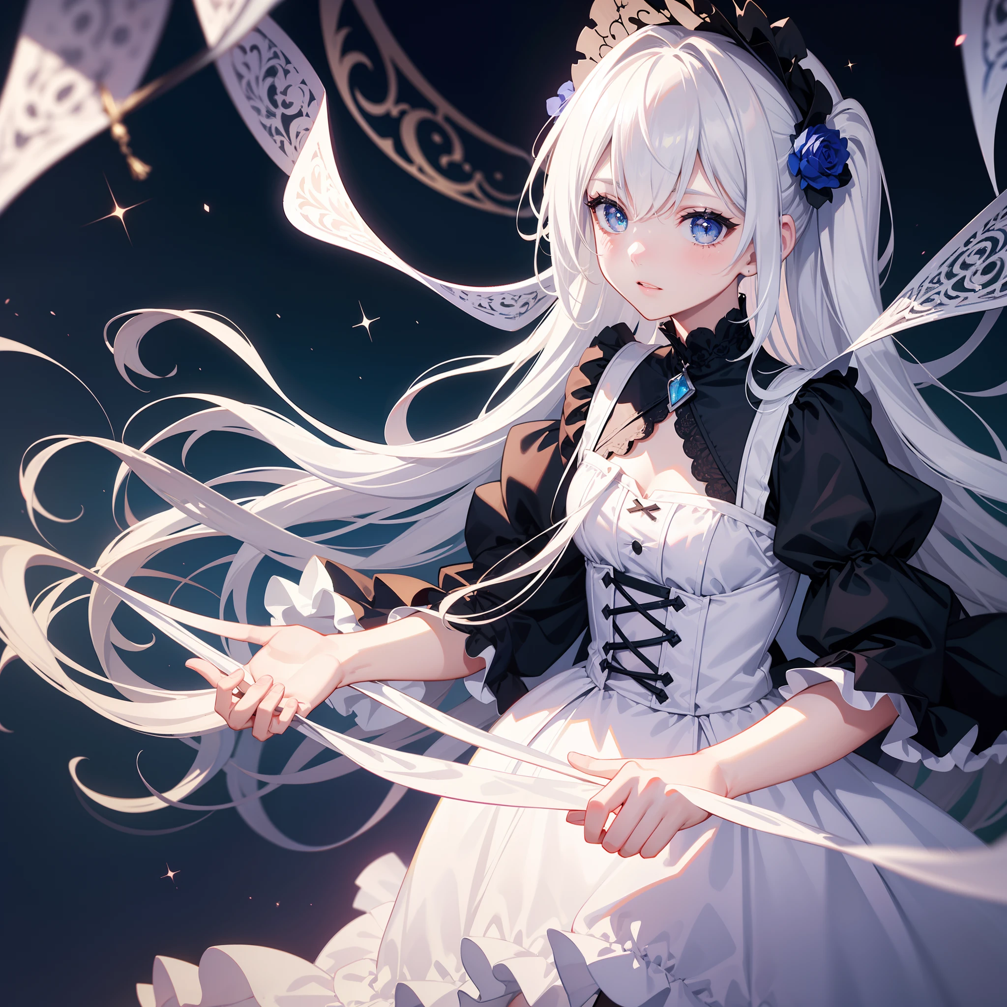 (1girll),Gothic,double tails,White hair, Organza lace,Gorgeous and fussy clothes,Gothic, Flying, Blue, (Colorful), Bold strokes, Gradient blending, Motion blur, Sparkling textures, Dynamic composition, Atmospheric perspective, impressionistic, , (Masterpiece), (Best quality), Amazing, (Beautiful detailed eyes), (finedetail), Depth of field, Extremely detailed CG, Original, extremelydetailedwallpaper, (Vivid colors), Cinematic lighting, (Colorful), Blush,