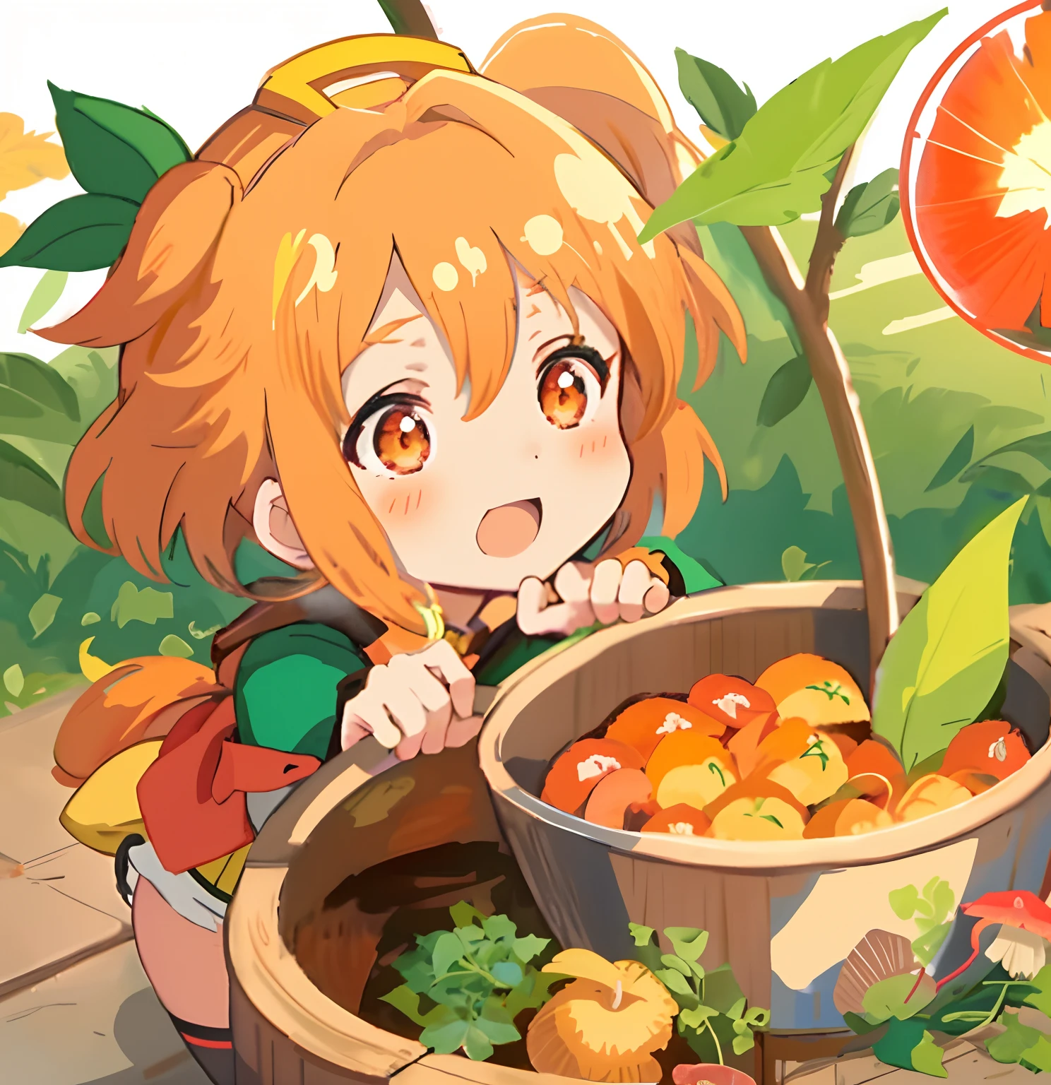 Anime girl with orange in bucket in front of tree, Lori, Ayaka Genshin Impact, ayaka game genshin impact, ❤🔥🍄🌪, splash art anime loli, Shirabii, official artwork, Rin, 🍁 Cute, Negao, Official art, sayori, the goddess of autumn harvest, Ayaka, ehime