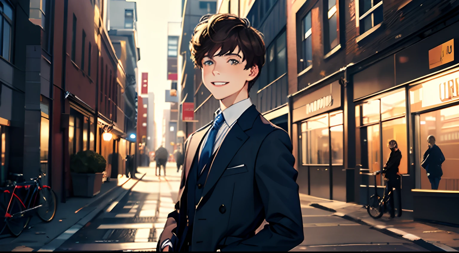 Brunette boy，The smile is bright，dressed stylishly，urban backdrop