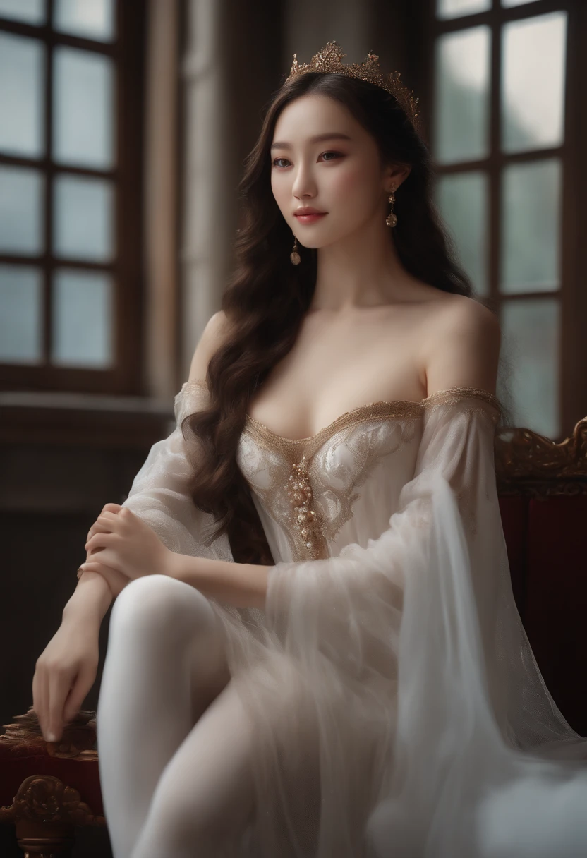 Nightingale, (Ballet costumes), sit on chair, smiling at camera, Naked，Ice muscle jade bone, Loose collar buttons, Nipple bumps, Long loose hair, (Delicate illustrations: 1.4), (renaissance art: 1.4), (超高分辨率: 1.2), (Photorealism: 1.4), (8K, RAW photos: 1.2), (Soft focus: 1.4), ( 18 years old: 1.3), (Sharp focus: 1.4), beautiful  face，The attention to detail, Pure rose face_V1