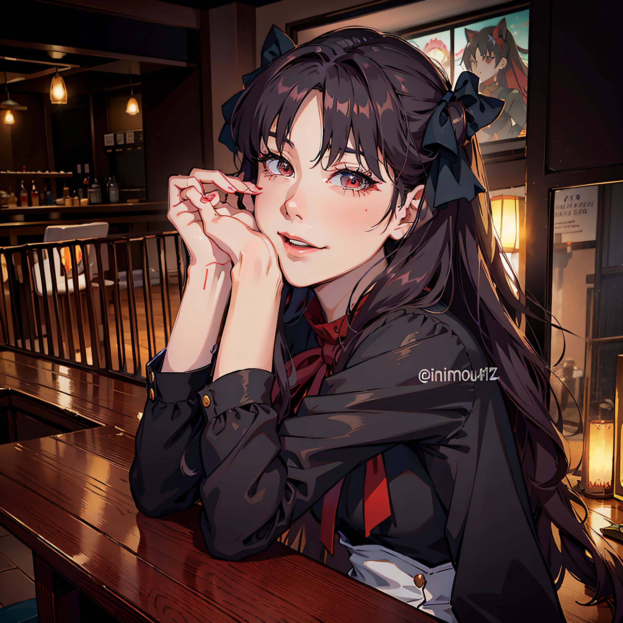 there is a woman with long hair sitting at a table, rin tohsaka, ulzzang, ruan cute vtuber, anime thai girl, ig model | artgerm, anime girl in real life, very beautiful , lalisa manobal, rena nounen style 3/4, anime girl cosplay,