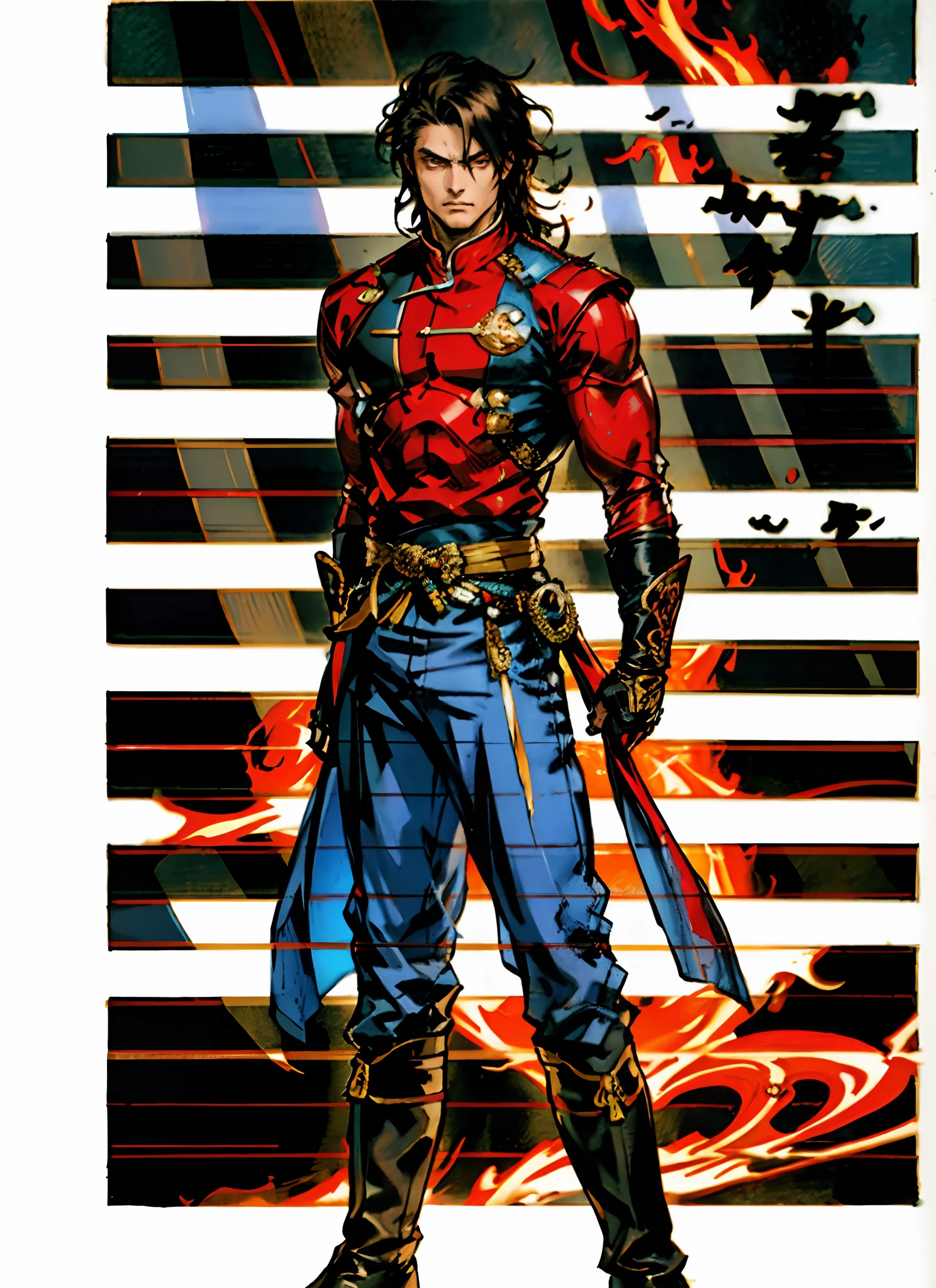 A young man with flowing black hair, a tuft of golden hair that partially covers one eye, a handsome and resolute face, a trace of loneliness in his firm gaze, a two-piece outfit that combines fantasy and martial arts elements, consisting of a tight-fitting shirt and a jacket, the outfit features twisted flame patterns, with white as the main color and red and blue as secondary colors, wears gloves that also serve as wrist guards, dark pants, boots embellished with metal decorations, this character embodies a finely crafted fantasy-style Chinese martial hero design in anime, characterized by a sophisticated and mature manga art style, high definition, best quality, highres, ultra-detailed, ultra-fine painting, extremely delicate, professional, anatomically correct, symmetrical face, extremely detailed eyes and face, high quality eyes, creativity, RAW photo, UHD, 8k, Natural light, cinematic lighting, masterpiece:1.5