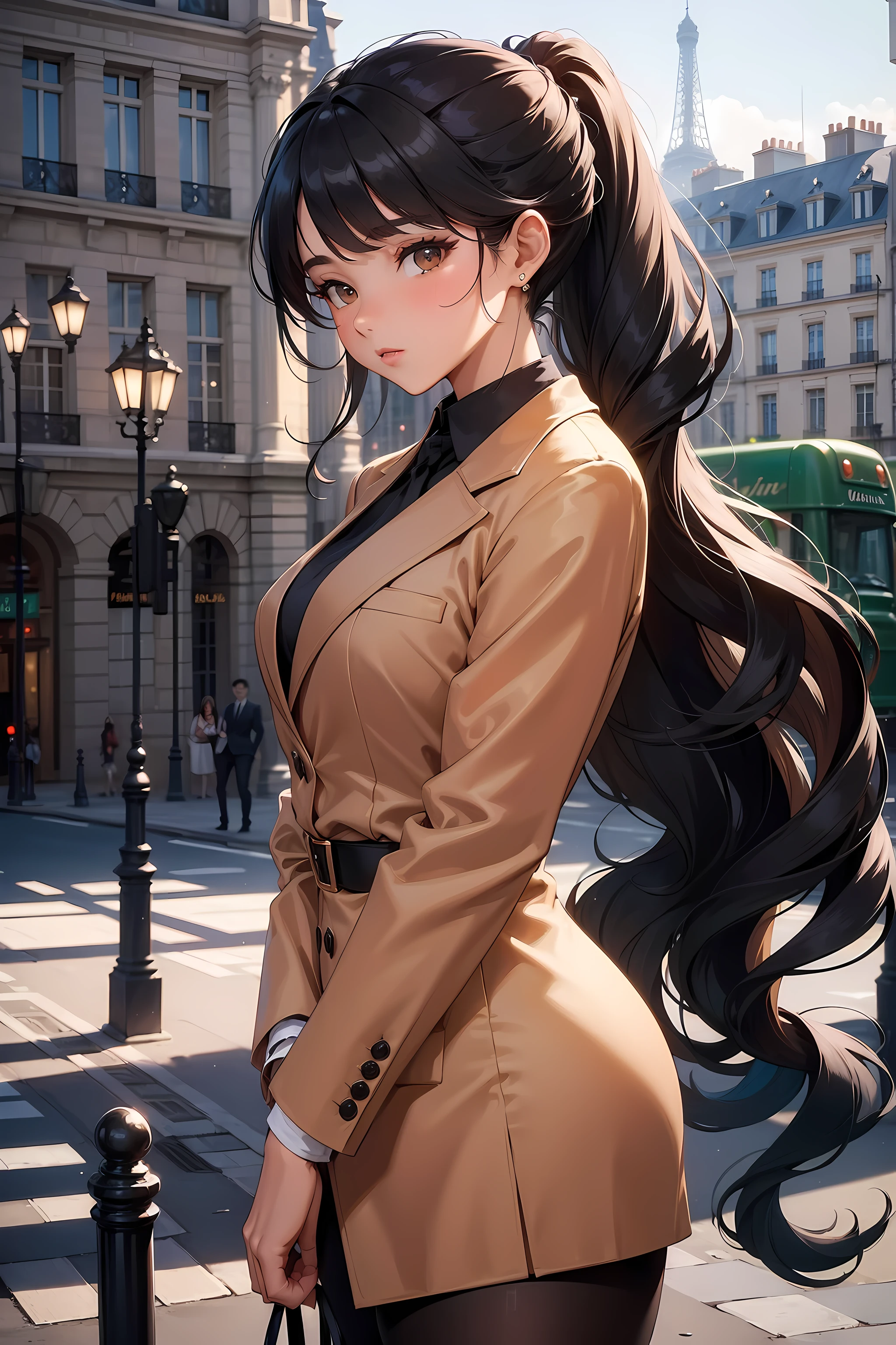 (((Masterpiece))), a top influencer woman, top quality, super detailed, cute and playful, classic blazer dress, tan skin tone, long curly black hair in high ponytail, Paris city background