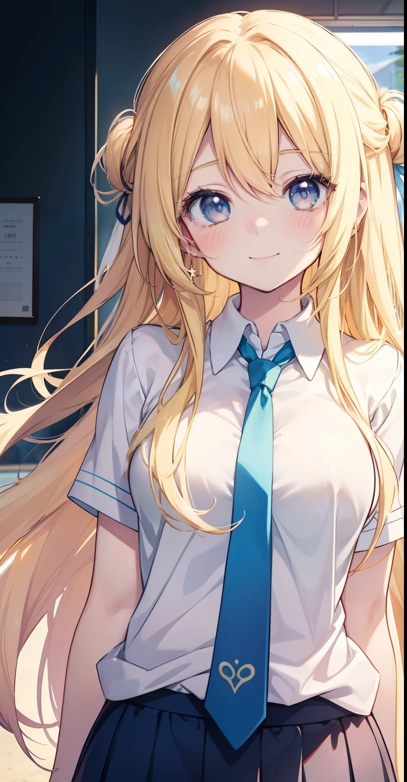 Anime girl with long blonde hair and blue tie in a white shirt, cute girl anime look, blonde anime girl with long hair, cheerful smile, pretty high school anime girl, young woman anime look, extremely cute girl face anime, best girl anime, Anime girl named Lucy, sly smile, Shiina Ringo anime portrait