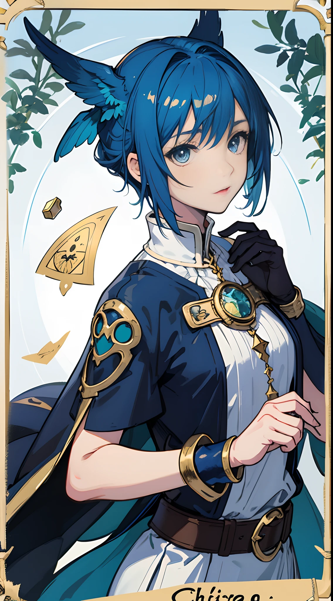 tarot cards，star ocean，Loli with short blue hair，chiquita，white backgrounid，Delicate border，rich colours，Best quality at best，Beautiful elements，Bluebird
