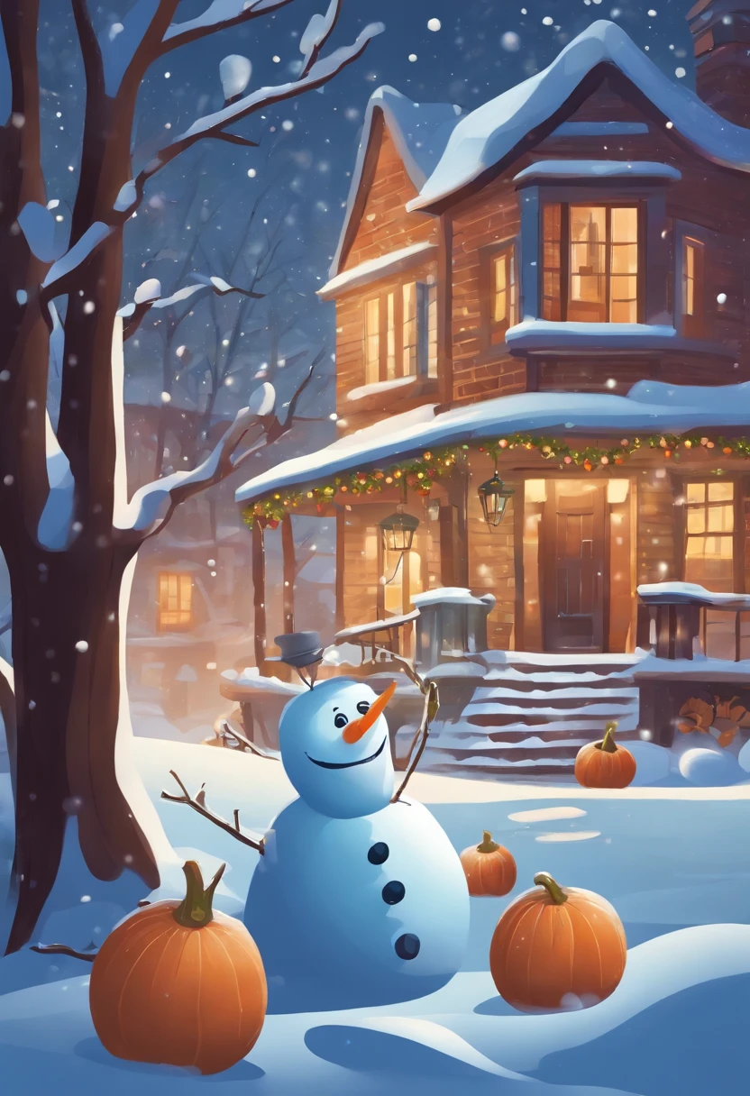Flat illustration style,Light snow during solar terms,Frozen,There are snowmen,There are sugar gourds,Non-realistic,Business posters
