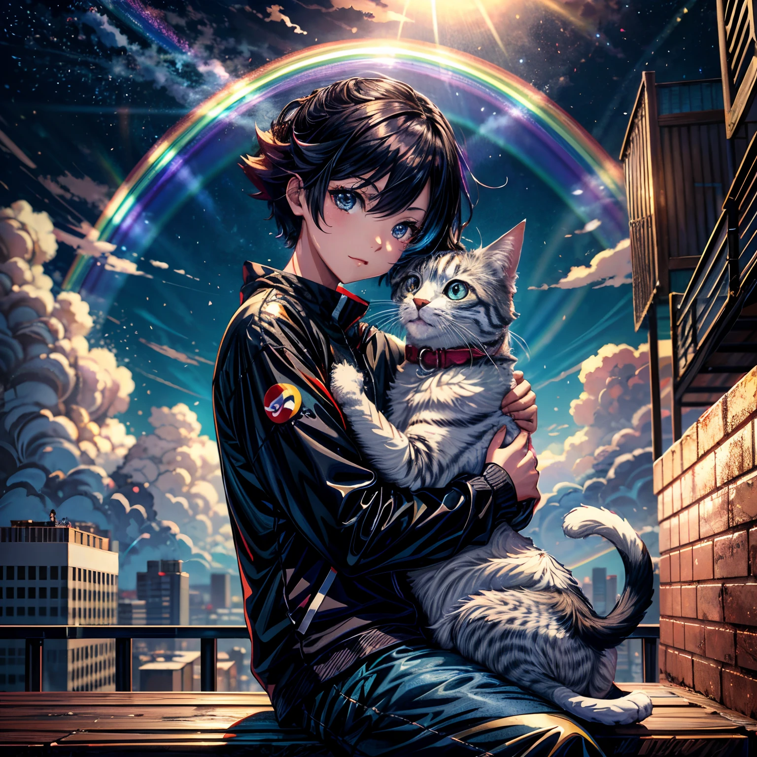 ((Rainbow Daytime Sky))、Anime girl cuddling a cat,Near Future City、 makoto shinkai cyril rolando, anime art wallpaper 4k, anime art wallpaper 4k, Anime art wallpaper 8k, inspired by Cyril Rolando, in the style dan mumford artwork, amazing wallpapers, by Yuumei