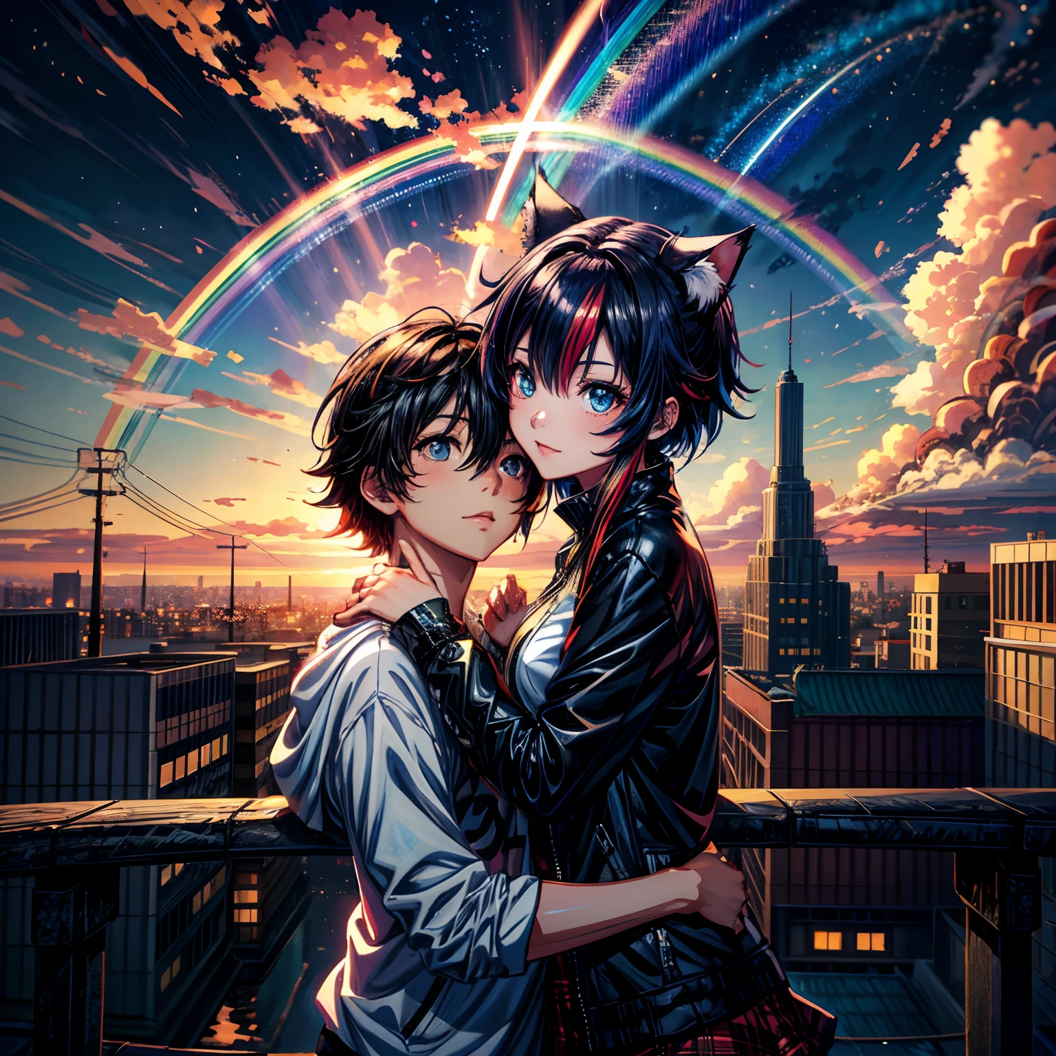 ((Rainbow Daytime Sky))、Anime girl cuddling a cat,Near Future City、 makoto shinkai cyril rolando, anime art wallpaper 4k, anime art wallpaper 4k, Anime art wallpaper 8k, inspired by Cyril Rolando, in the style dan mumford artwork, amazing wallpapers, by Yuumei