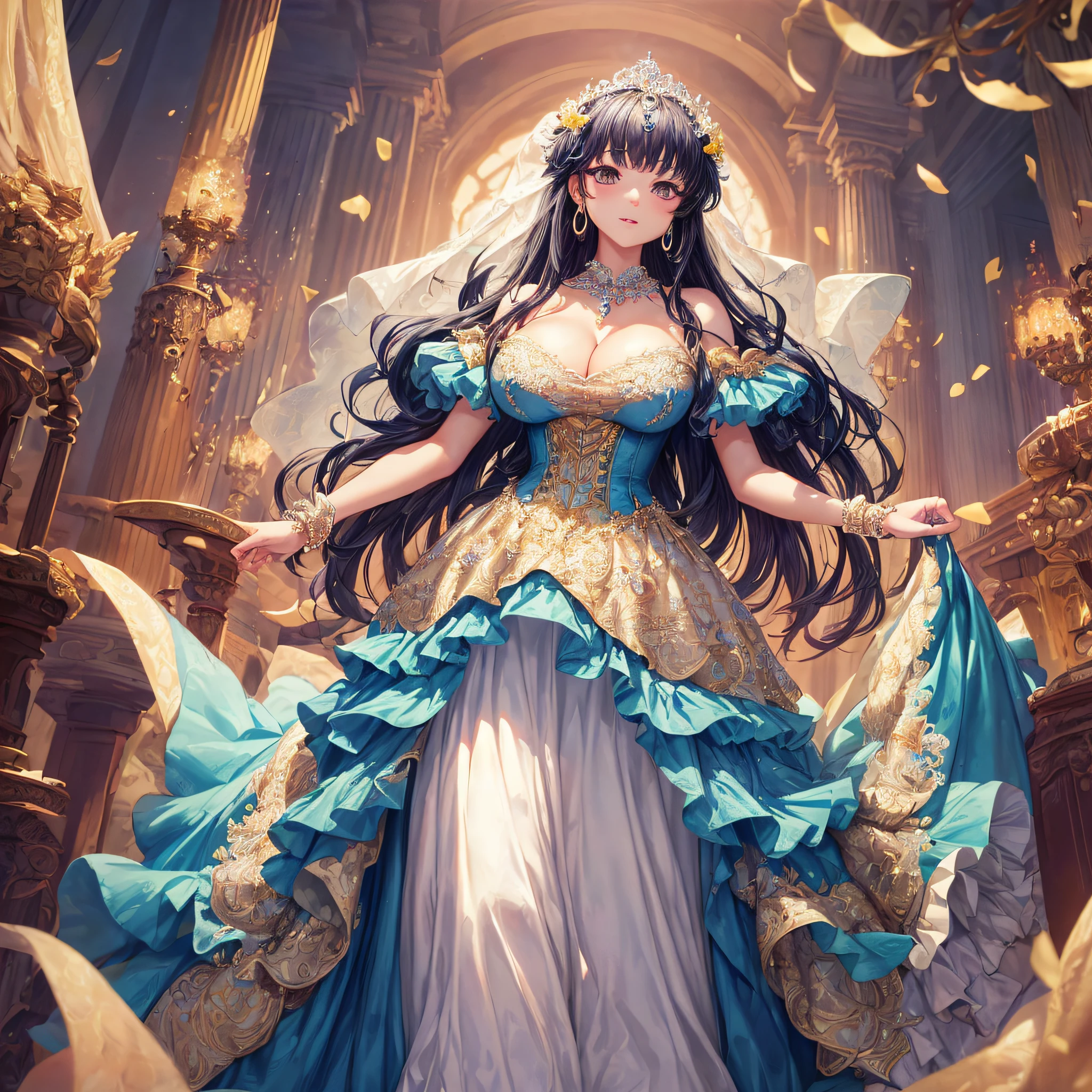 (masterpiece, best quality,extremely detailed,moe anime art style:1.1),1girl, ((solo)), cute, kawaii,digital art,((1 bling-bling anime princess wearing beautiful embroidery and jeweled ruffled gorgeous princess ballgown with voluminous full length hoop skirt)),((crinoline)),long train,voluminous frills,(gorgeous embroidery and beautiful lace),(very gigantic boobs,cleavage,skindentation),((shiny hair,very long straight hair)),((finely detailed face and eyes)),clear pupil,extremely gorgeousfull hair ornament,(bling-bling jeweled extremely gorgeousfull tiara),((bling-bling gorgeous gemstone jewelry)),long veil,((beautiful background,fantasy)),flowers,flower petals flowing,full body,(looking away),((beautiful embroidery and jeweled ruffled gorgeous princess ballgown with voluminous full length hoop skirt))