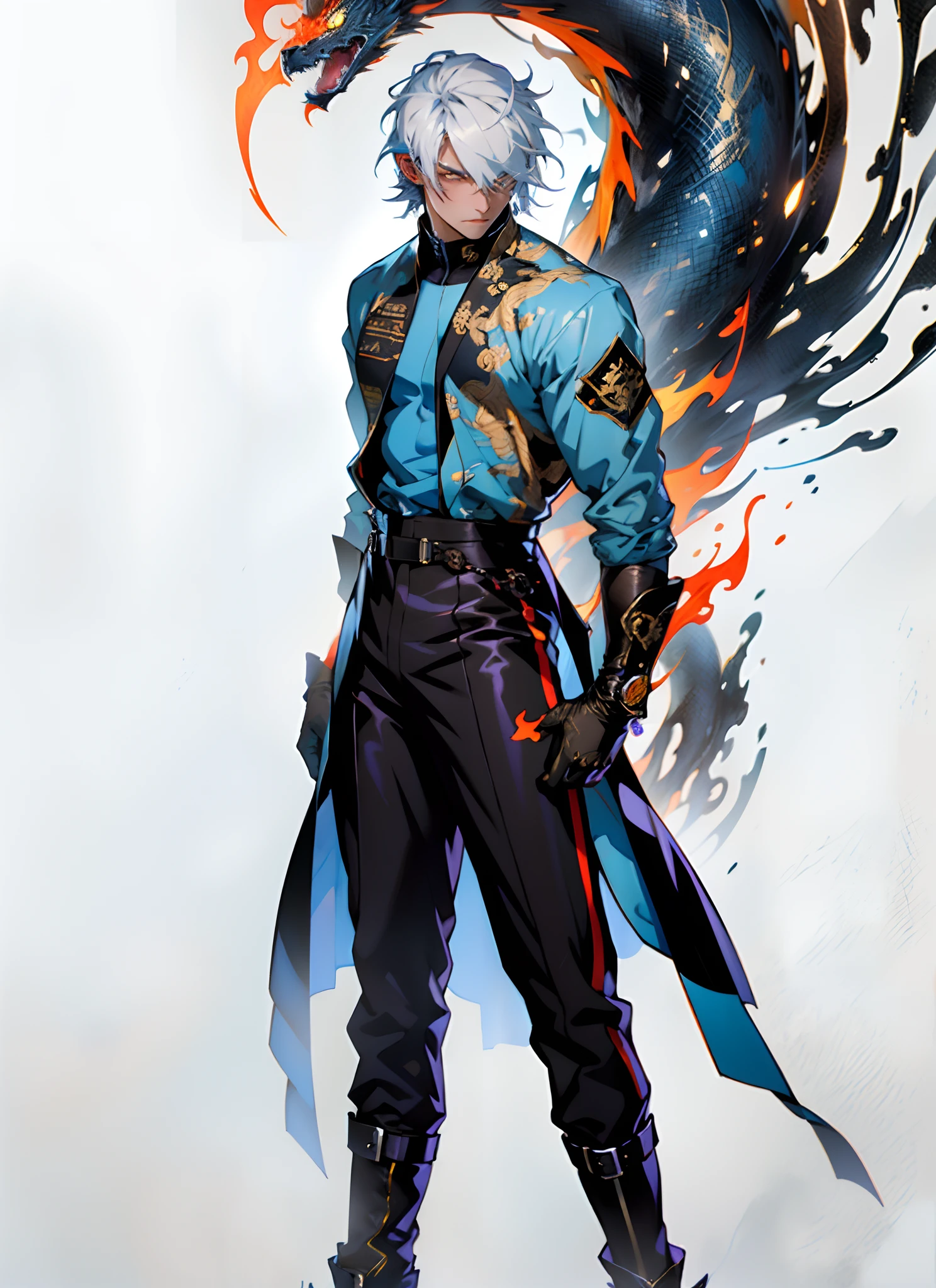 A young man with flowing black hair, a tuft of golden hair that partially covers one eye, a handsome and resolute face, a trace of loneliness in his firm gaze, a two-piece outfit that combines fantasy and martial arts elements, consisting of a tight-fitting shirt and a jacket, the outfit features twisted flame patterns, with white as the main color and red and blue as secondary colors, wears gloves that also serve as wrist guards, dark pants, boots embellished with metal decorations, this character embodies a finely crafted fantasy-style Chinese martial hero design in anime, characterized by a sophisticated and mature manga art style, high definition, best quality, highres, ultra-detailed, ultra-fine painting, extremely delicate, professional, anatomically correct, symmetrical face, extremely detailed eyes and face, high quality eyes, creativity, RAW photo, UHD, 8k, Natural light, cinematic lighting, masterpiece:1.5