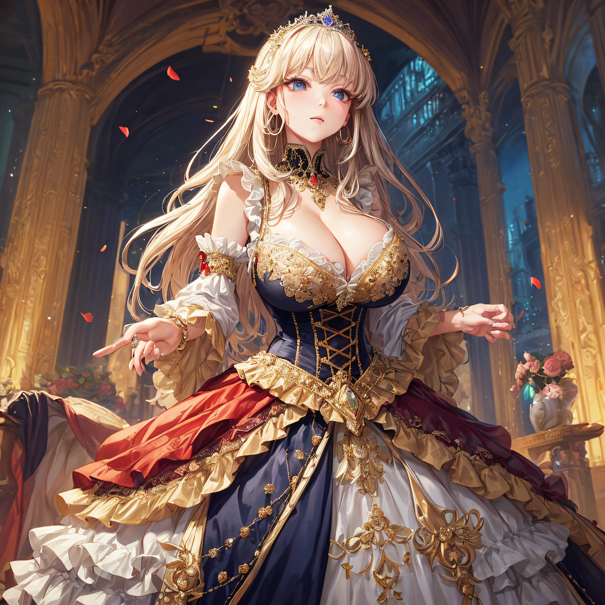 (masterpiece, best quality,extremely detailed,moe anime art style:1.1),1girl, ((solo)), cute, kawaii,digital art,((1 bling-bling anime princess wearing beautiful embroidery and jeweled ruffled gorgeous princess ballgown with voluminous full length hoop skirt)),((crinoline)),long train,voluminous frills,(gorgeous embroidery and beautiful lace),(very gigantic boobs,cleavage,skindentation),((shiny hair,very long straight hair)),((finely detailed face and eyes)),clear pupil,extremely gorgeousfull hair ornament,(bling-bling jeweled extremely gorgeousfull tiara),((bling-bling gorgeous gemstone jewelry)),long veil,((beautiful background,fantasy)),flowers,flower petals flowing,full body,(looking away),((beautiful embroidery and jeweled ruffled gorgeous princess ballgown with voluminous full length hoop skirt))
