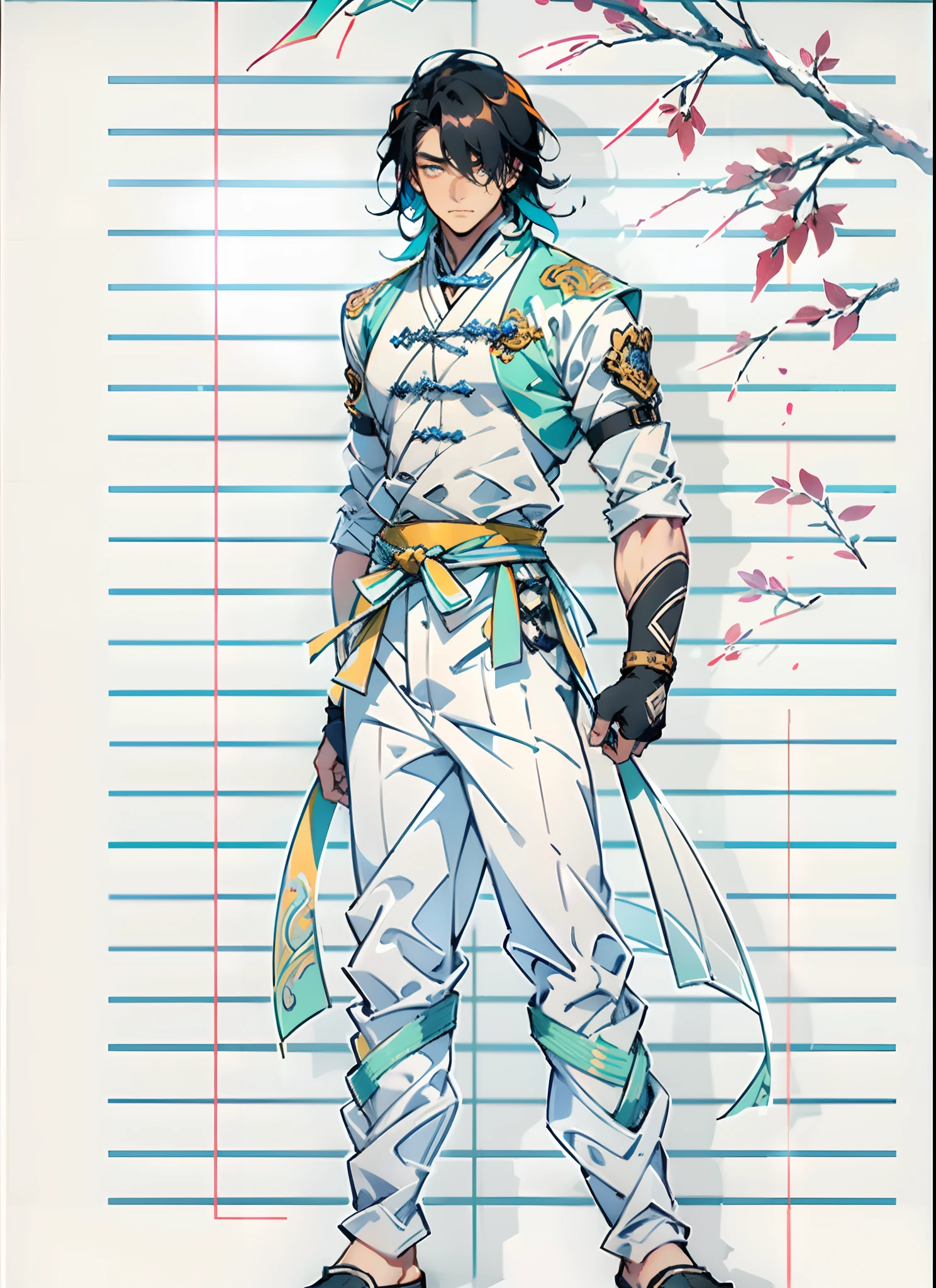 A young man with flowing black hair, a tuft of golden hair that partially covers one eye, a handsome and resolute face, a trace of loneliness in his firm gaze, a two-piece outfit that combines fantasy and martial arts elements, consisting of a tight-fitting shirt and a jacket, the outfit features twisted flame patterns, with white as the main color and red and blue as secondary colors, wears gloves that also serve as wrist guards, dark pants, boots embellished with metal decorations, this character embodies a finely crafted fantasy-style Chinese martial hero design in anime, characterized by a sophisticated and mature manga art style, high definition, best quality, highres, ultra-detailed, ultra-fine painting, extremely delicate, professional, anatomically correct, symmetrical face, extremely detailed eyes and face, high quality eyes, creativity, RAW photo, UHD, 8k, Natural light, cinematic lighting, masterpiece:1.5