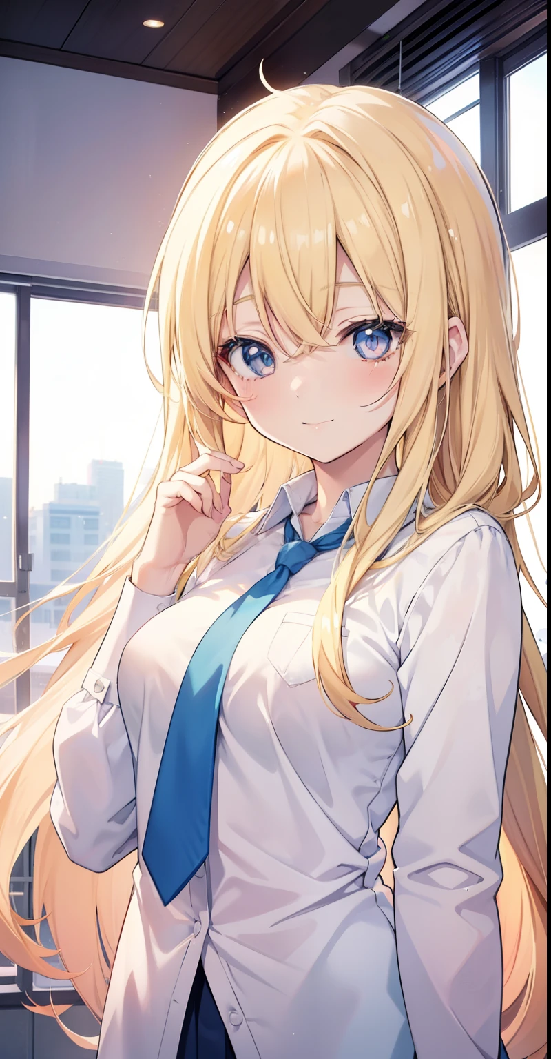 Anime girl with long blonde hair and blue tie in a white shirt, cute girl anime look, blonde anime girl with long hair, cheerful smile, pretty high school anime girl, young woman anime look, extremely cute girl face anime, best girl anime, Anime girl named Lucy, sly smile, Shiina Ringo anime portrait