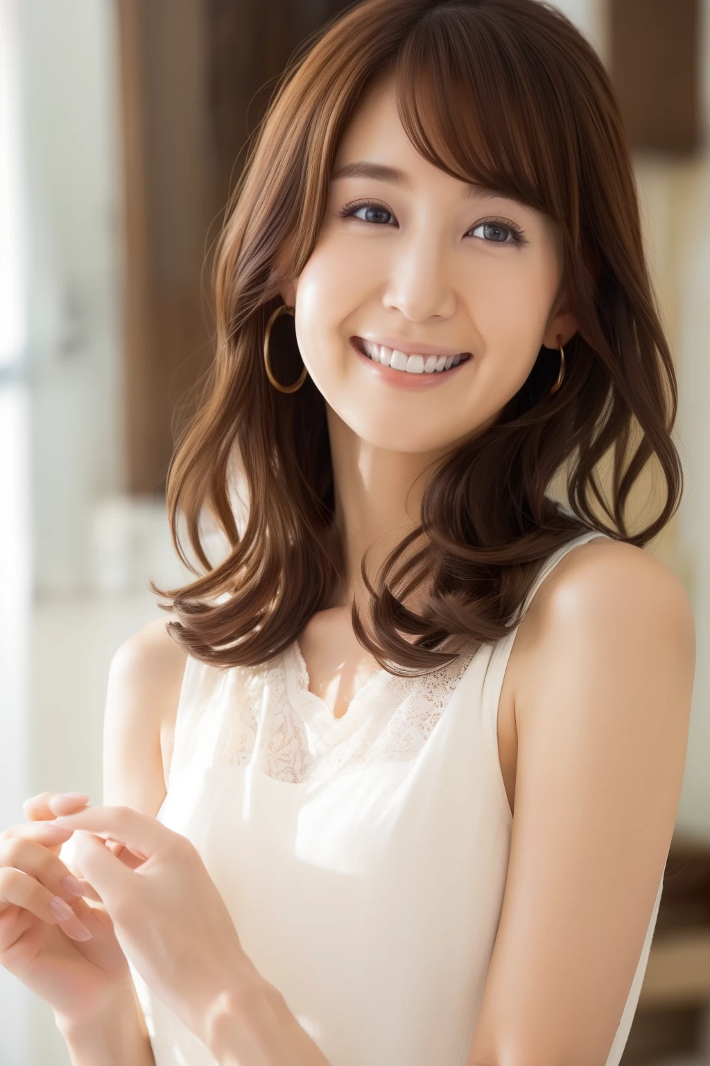 1womanl、 Beautiful、二重まぶた、28 years old,White Dress、kindly smile、Adult beauties、Brown hair、waved hair、Slim Face、light skinned、Shots from random angles、