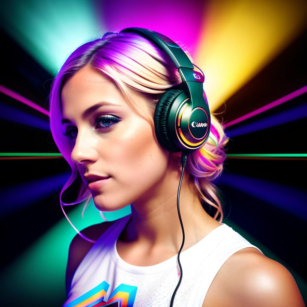 a dj plays on the dj's desk, headphones on her head, RAW, photography, (masterpiece) a full-body portrait of a beautiful blonde, green-eyed, 35-year-old Russian, listening to music, (((dancing))), smiling, happy face, detailed facial features, realistic eyes, vibrating with music, ((white psychedelic pattern clothing)), strong body, nice abs, abstract tattoos, in the festival background music with people dancing, warm colors, colored lights, lens brightness, light leaks, ((photorealistic)), ((hyperrealistic)), (skin pores), highly detailed, sharp focus, 8K, ultra quality, UHD, crystalline, (((incredibly beautiful)), extremely detailed, highly detailed skin, cinematic lighting, wide angle, amazing fine details, Kodak, Canon 5d, rich colors, realistic texture, dramatic lighting, dynamic composition.