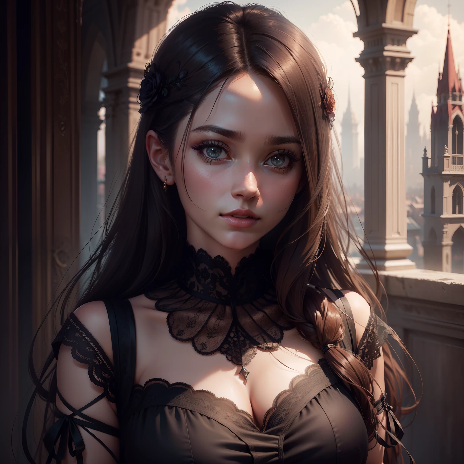 A mesmerizing masterpiece capturing a photorealistic portrayal of a woman with black hair cascading around her face. Her piercing blue eyes, subtly blurred yet captivating, draw the viewer's gaze with an intensity reminiscent of "The Matrix." She gazes directly at the viewer, exuding confidence and intrigue. The lighting is expertly crafted, casting beautiful shadows and highlighting her features with professional precision. The background is softly blurred, emphasizing her presence while maintaining a sense of depth. The portrait exudes a sense of realism, with meticulous attention to detail, including the texture of her short hair and the subtle nuances of her parted lips. The image showcases a film grain effect, adding an artistic touch and enhancing the overall atmosphere