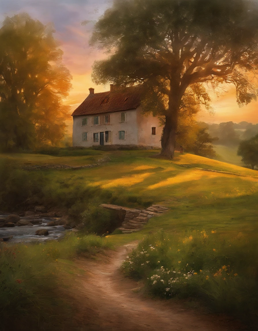 A farmhouse under the large tree next to the stream, Rainy sunset, watercolor, classical style, cores ricas, pinceladas, texturas vibrantes, retratos expressivos, dynamic compositing, Capturando luz e sombra, artistry, beleza atemporal.
