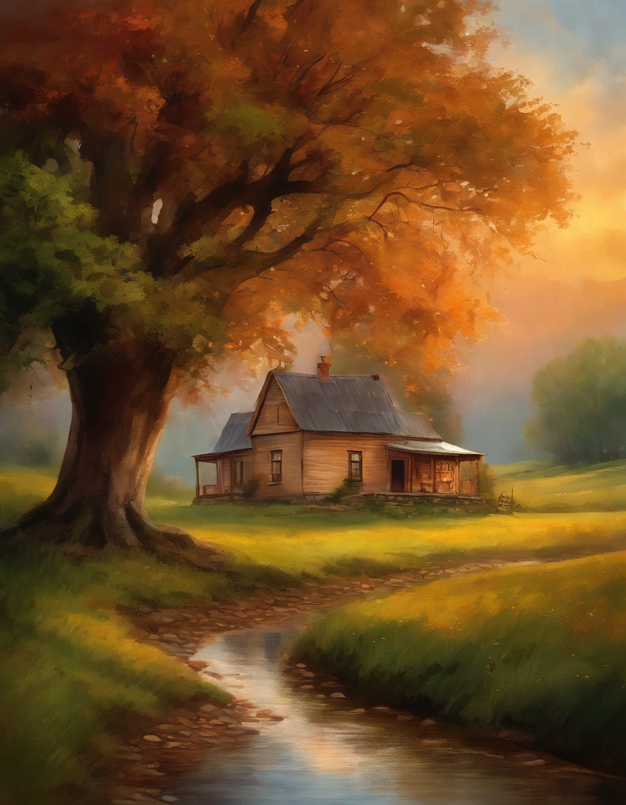 A farmhouse under the large tree next to the stream, Rainy sunset,  watercolor, classical style, cores ricas, pinceladas, texturas vibrantes, retratos expressivos, dynamic compositing, Capturando luz e sombra, artistry, beleza atemporal.