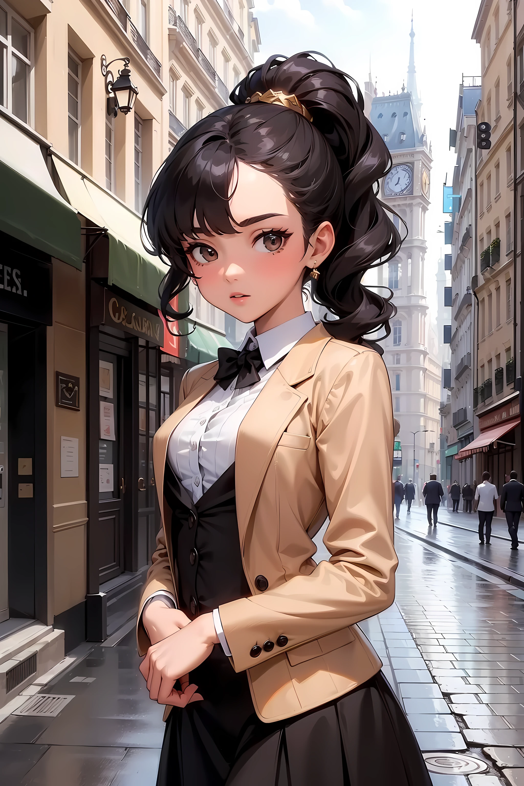 (((Masterpiece))), a top influencer woman, top quality, super detailed, cute and playful, classic blazer dress, tan skin tone, long curly black hair in high ponytail, Paris city background