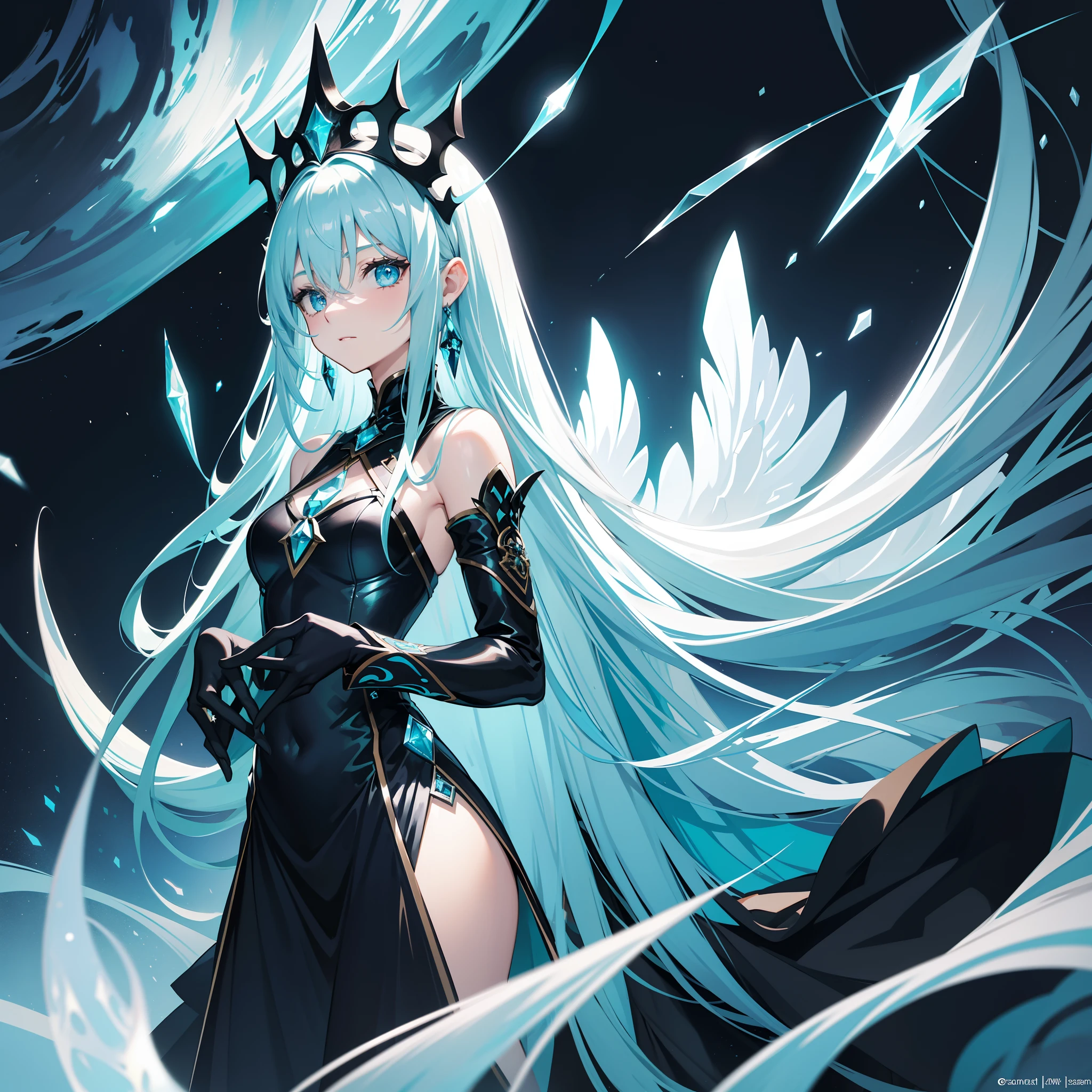 saintess,Long crystal blue hair,Turquoise blue eyes,Black Virgen costume,A reverent look,There is a dazzling light behind him,hands spread wide,