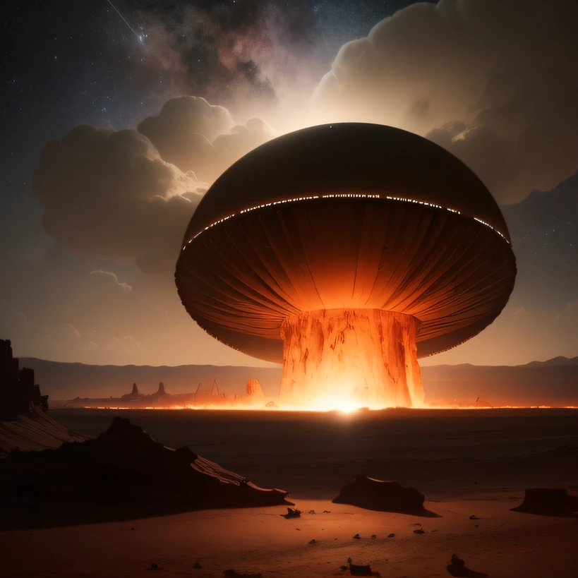 Alien base (Very detailed) In the mountainous desert,There are several exhaust fans and chimneys, Some spotlights come out of the base to illuminate dark places, (Extreme nights), Some clouds in the night sky, Some of the surrounding planets provide air to unknown planets,The farthest giant volcano is erupting