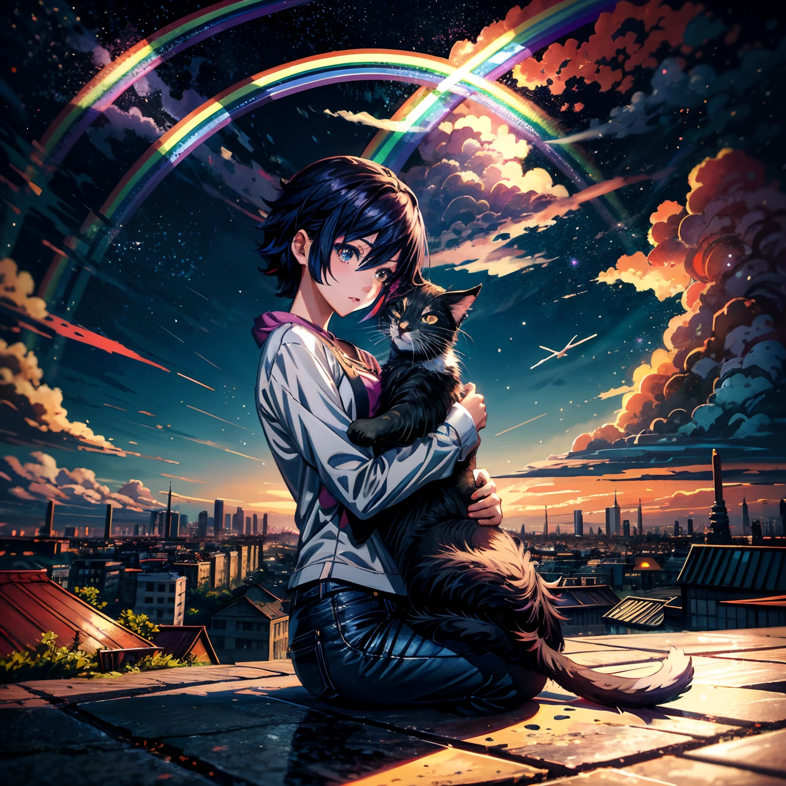 ((Rainbow Daytime Sky))、Anime girl cuddling a cat,Near Future City、 makoto shinkai cyril rolando, anime art wallpaper 4k, anime art wallpaper 4k, Anime art wallpaper 8k, inspired by Cyril Rolando, in the style dan mumford artwork, amazing wallpapers, by Yuumei