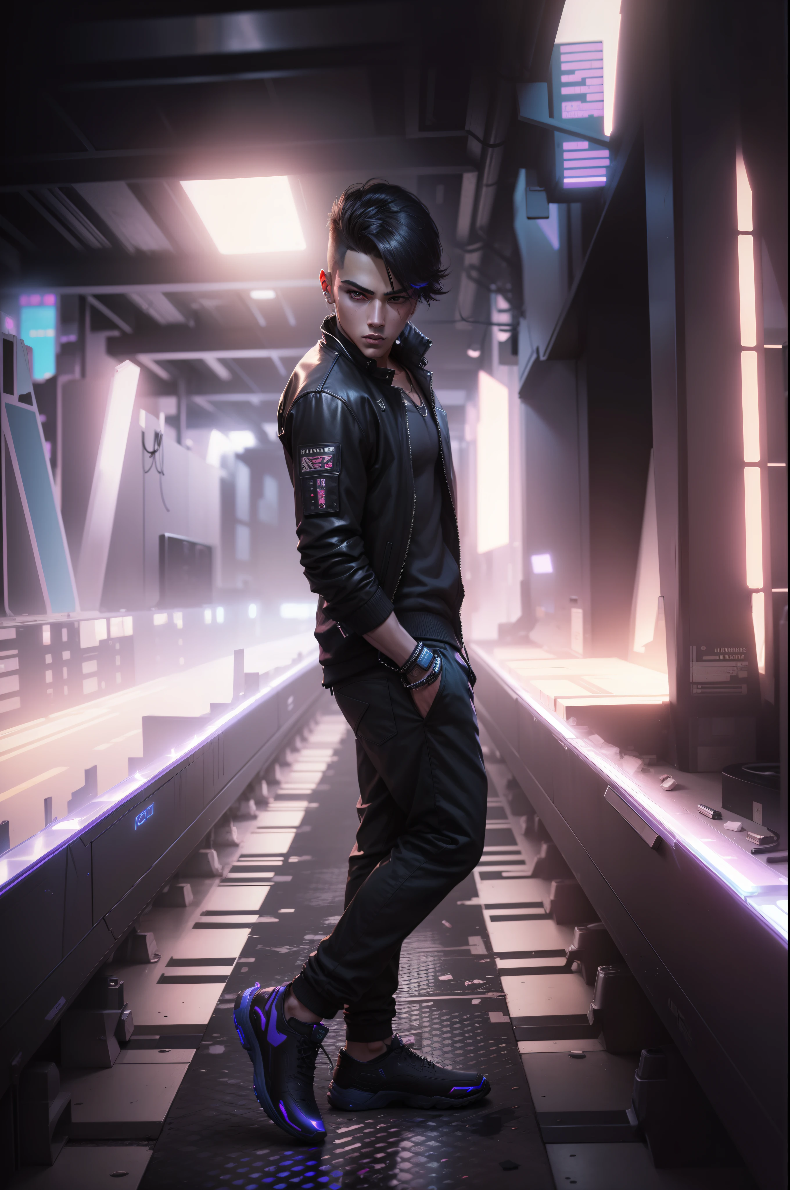 Change background cyberpunk handsome boy ultra realistic