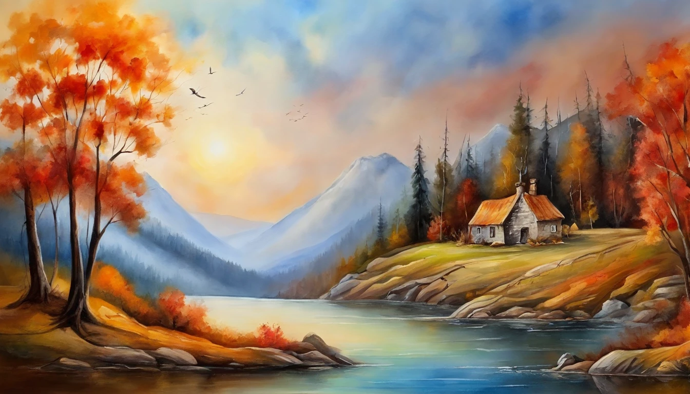 Bizarre steep peaks,autumnal,There is a creek at the bottom of the mountain, There are reflections in the stream,Village cottage,And cooking smoke rises,The pine tree has a peculiar shape,Sway with the wind,Impresionismo,Color palette style,iso-distance view, watercolor paiting, Surreal Photo,dream magical,pixel-perfect,hyper HD,in a panoramic view,8K分辨率,ultra-wide-angle,Faraway view,Realistis, Expressionism