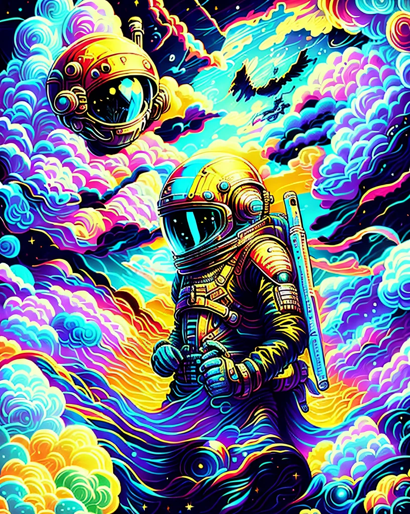 Astronaut in outer space with space station child, Mobile game art, space walk scene, Inspired by:《Unknown crew》, spacewalk, space graphics art in background, full color digital illustration, Space travelling, detailed digital illustration, Commercial illustration, In space, scifi illustration, painting of a:Robot Jones, big tech art style, Mobile game background