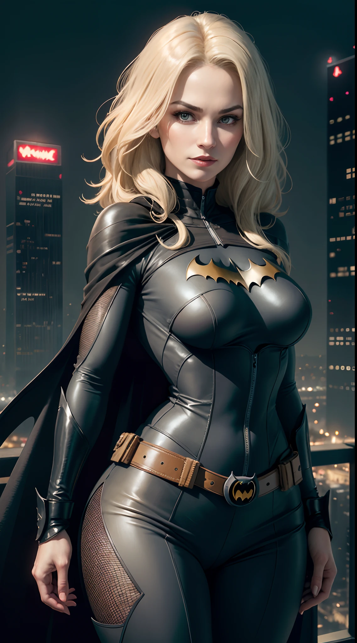 Mature woman, style of the Batwoman costume, medium breasts, Yellow Batman Logo on Chest and the belt, masterpiece, best quality, detailed skin texture, detailed costume, beautiful detailed face, intricate details, ultra detailed, straight Blonde hair, (Night Gotham city Background), moon on sky, Smile, view to viewers, Sexual pose, Bottom Engles, from behind view, (Best quality, A high resolution, Photorealistic, primitive, 8K,Masterpiece, ),Best quality, Masterpiec8K.hdr. High ribs:1.2, filmgrain, Blur bokeh:1.2, Lens flare, (vivd colour:1.2), (Delicate),