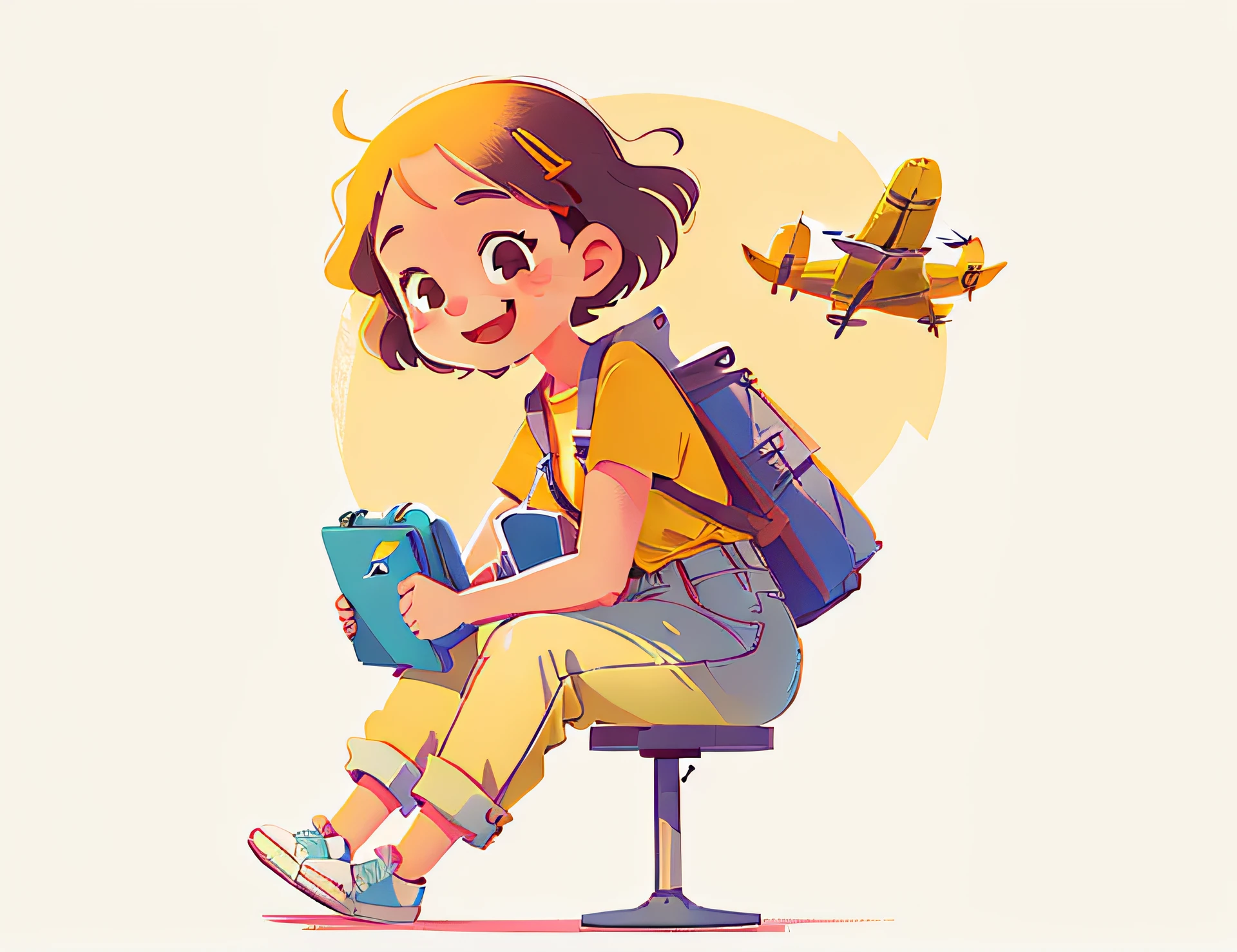 Exciting illustrated woman sitting on suitcase,Head up,Mobile phone in hand,With a smile,Yellow top off-white pants,Wave head,Yearning,In the background is a suitcase and an airplane, flatillustration, full page illustration, Simple illustration, colorful illustrations, minimalistic illustration, Modern illustration, Linear illustration, Illustration style, Color illustration, svg illustration, high quality illustration, traveling in france, Dribbble illustration, exciting illustration,Aircraft refinement