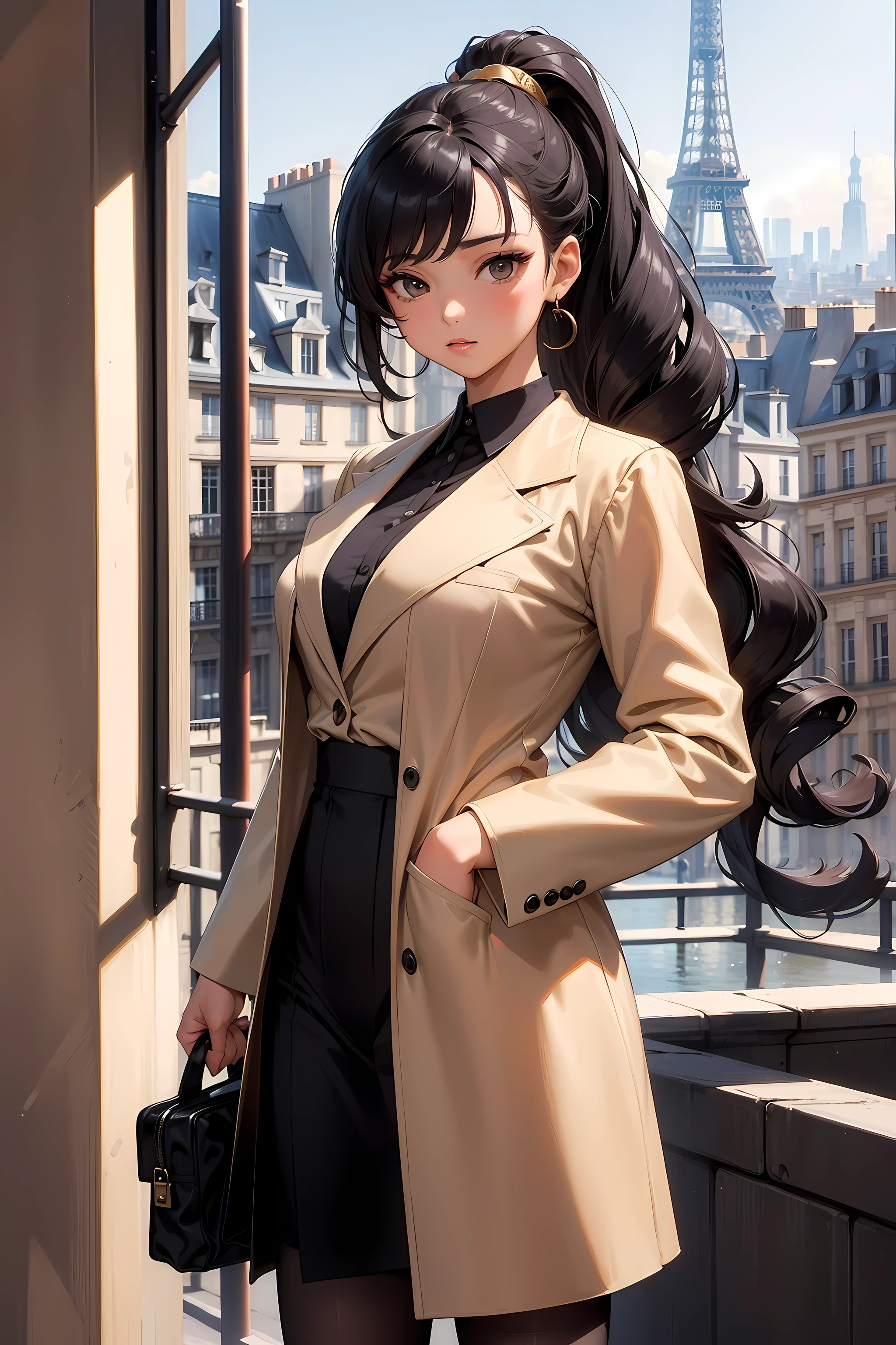 (((Masterpiece))), a top influencer woman, top quality, super detailed, cute and playful, classic blazer dress, tan skin tone, long curly black hair in high ponytail, Paris city background