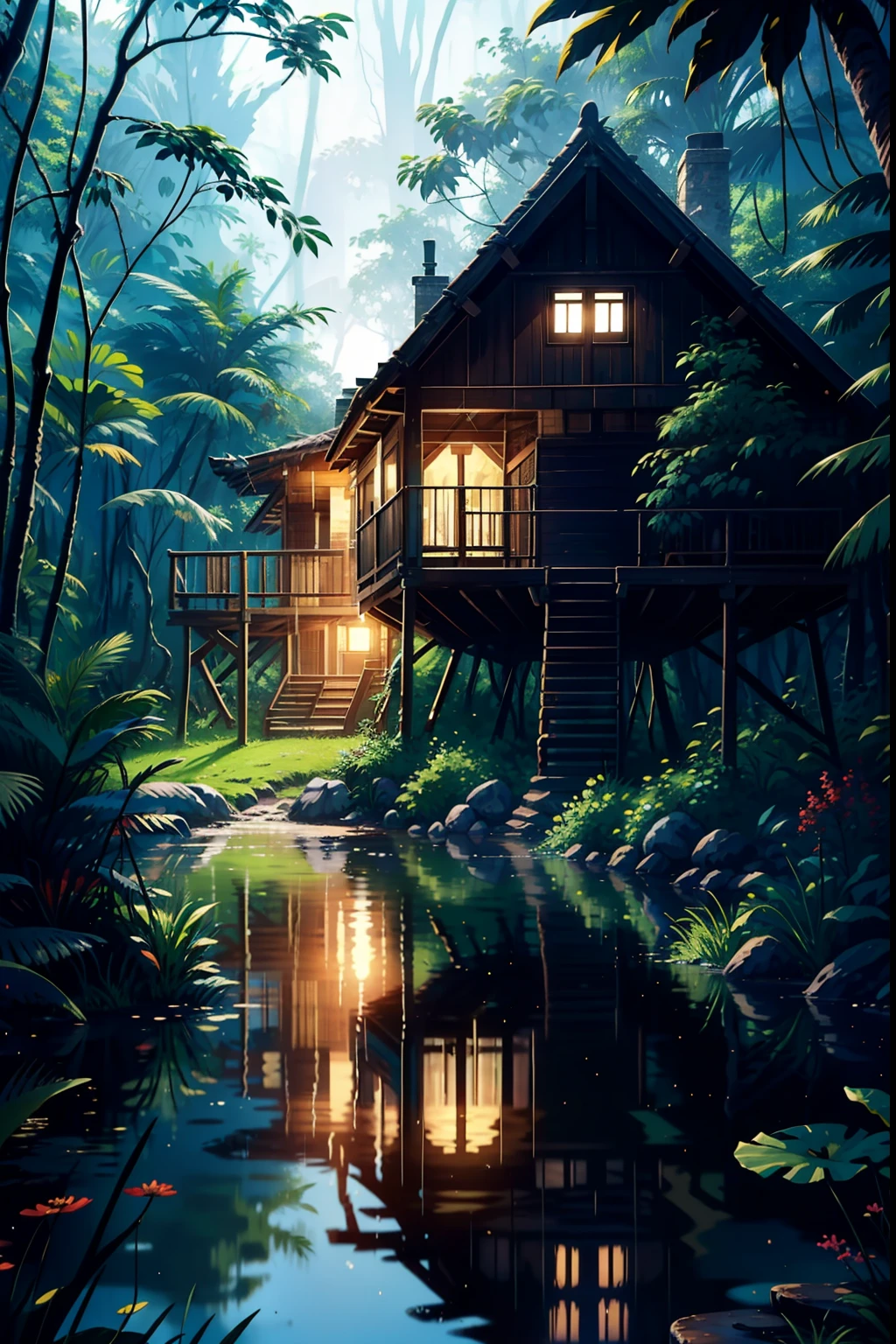 chuva (A rustic wooden house:1.3) in a rainforest and a small lake in front of the house with a small wooden bridge between the house and the other side. Uma nevoa densa da manha espalha pela cena. The sun is rising behind the forest, fazendo que os raios atravessem as folhas e galhos. octan render, 8k