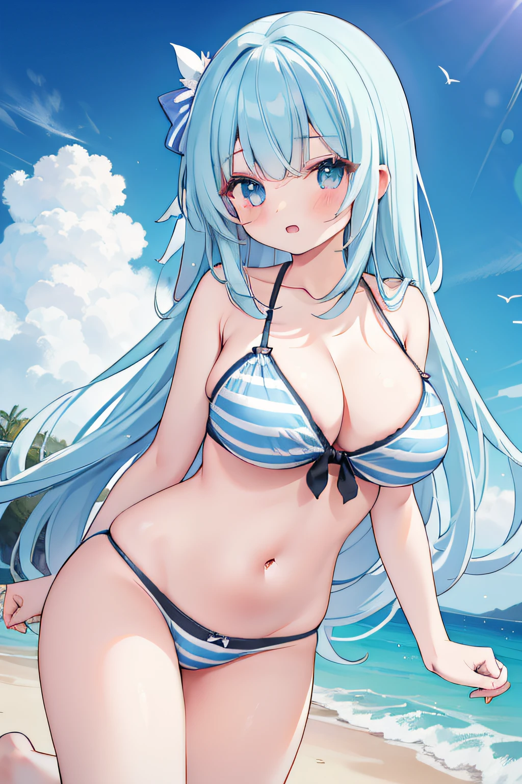8 k hd wallpaper,18yo Girl,比基尼,sandbeach,Blue and white striped panties,adolable,Huge breasts,Long hair