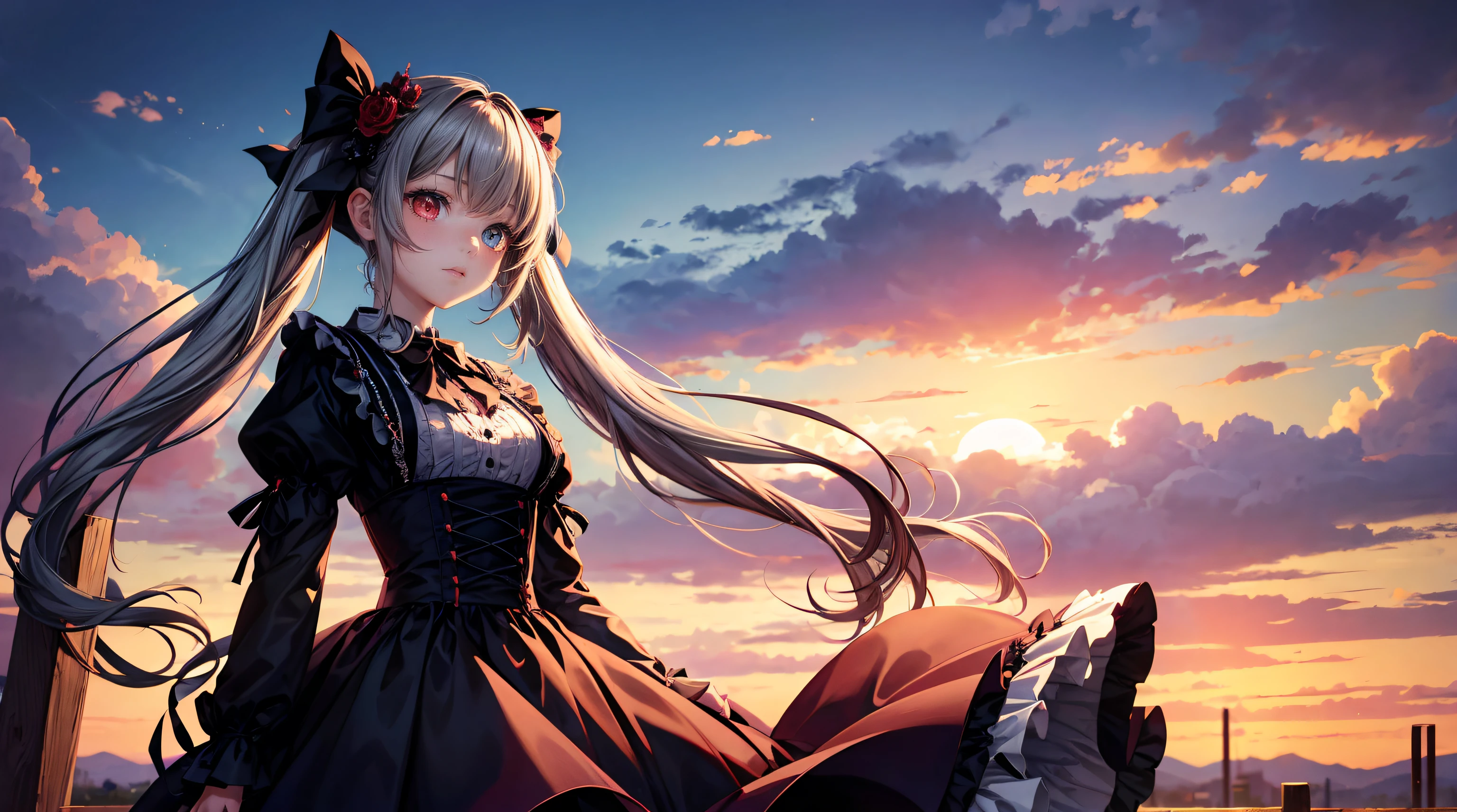 masterpiece, best quality, highres, 1girl, cckurumi, long hair, low twintails, hair flower, heterochromia, hair bow, gothic, black dress, ribbon, standing, cowboy shot, outdoors, sunset