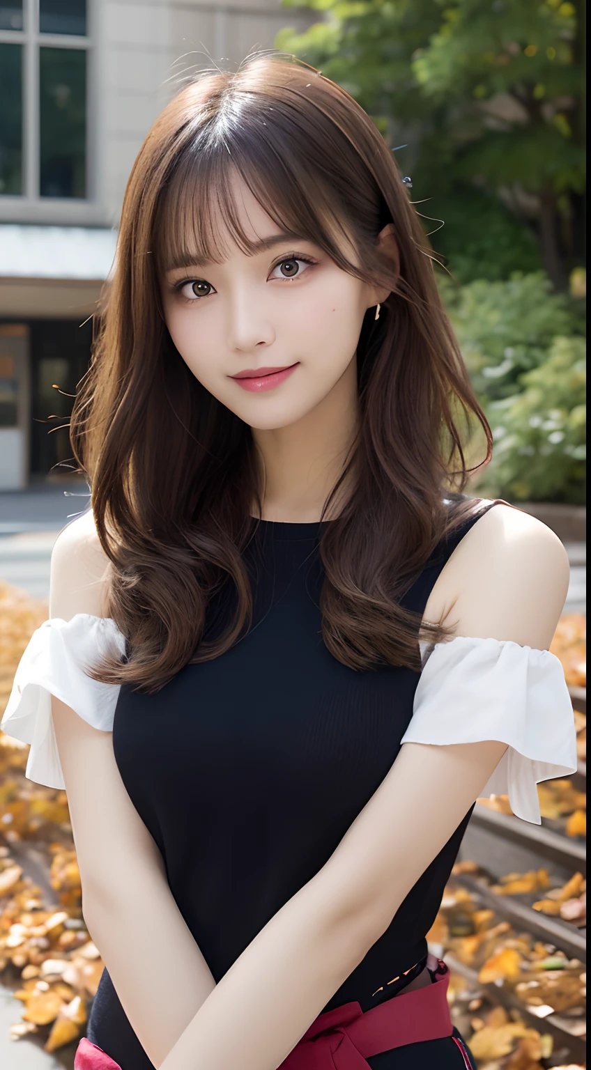 masutepiece, Best Quality, Illustration, Ultra-detailed, finely detail, hight resolution, 8K Wallpaper, Perfect dynamic composition, Beautiful detailed eyes, Autumn Women's Fashion,waved hair,small tits、Natural Color Lip, Bold sexy poses,Smile,Harajuku、20 years girl、Cute、Sexy shot looking at camera