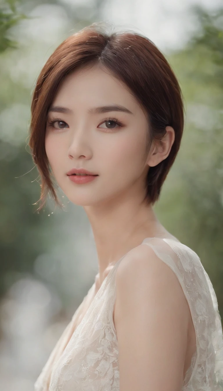 ((best qualtiy, 8K, tmasterpiece:1.3)), Focus:1.2, perfect figure beautiful woman:1.4, Cocked buttocks:1.2, ((Cut hair in layers, flatchest:1.2)), (wetclothes:1.1) , (rain, street:1.3), Bandeau dress:1.1, Highly detailed facial and skin texture, 詳細な目, 二重まぶた,Whiten skin,Goddess of short hair,ultra cute,Conservative attire,is very beautiful,Similar to Lin Chiling