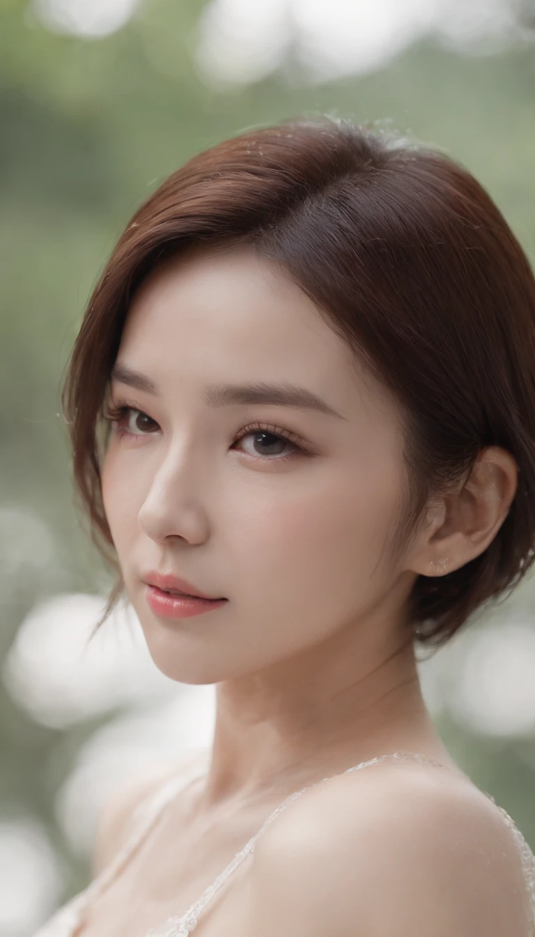 ((best qualtiy, 8K, tmasterpiece:1.3)), Focus:1.2, perfect figure beautiful woman:1.4, Cocked buttocks:1.2, ((Cut hair in layers, flatchest:1.2)), (wetclothes:1.1) , (rain, street:1.3), Bandeau dress:1.1, Highly detailed facial and skin texture, 詳細な目, 二重まぶた，Whiten skin，Goddess of short hair，ultra cute，Conservative attire，is very beautiful，Similar to Lin Chiling