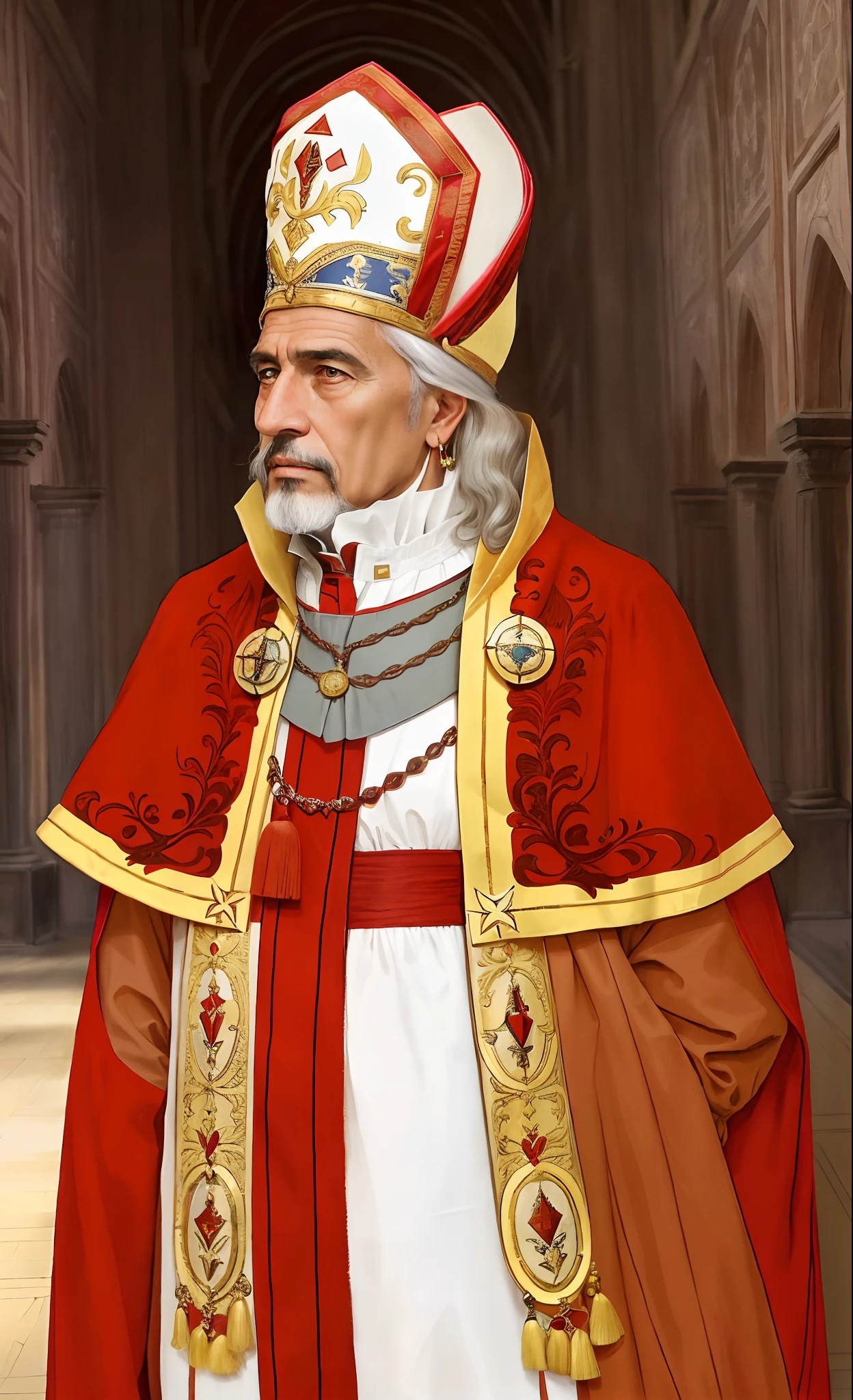 Juan Rodriguez de Fonseca, Very prestige cardinal, very expensive and very sophisticated clothes with detailed pattern, 16th century, renaissance, age of exploration, wrinkle, age of 60, very old yet with bright big eyes, energetic and active, man, the greatest of all the times, great, the greatest enemy of all navigators,impressive, Deep outline, All-rounder, neat, knowledgeable,very ambitious, very intelligent, clever,very attractive, powerful, realistic, sophisticated, majesty, Machiavellian,elegant, tough, serious, diligent, obsessive,Ingenuity