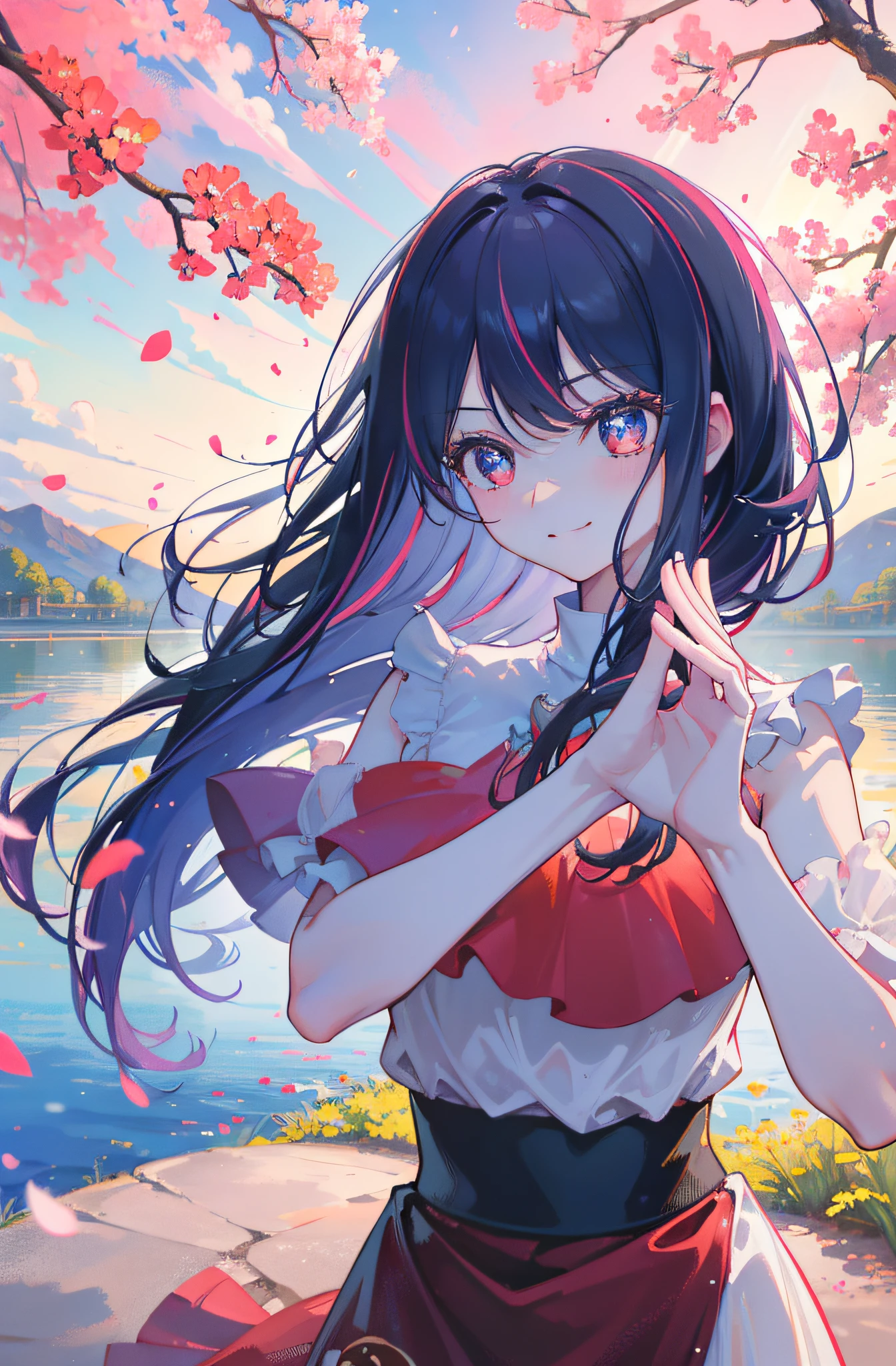 (Best quality,,8K,A high resolution,tmasterpiece:1.2),Photorealsitic, Koi, the cherry trees, sunraise、the sunset, Light and shadow interlace, Soft sunshine, Delicate brushstrokes, Lifelike flowers, Clear texture, detailed outfits, Bright colors, Depth of field effect, Harmonious composition, Beautiful gesture, Enchanting dance, Soften edges, posing elegantly, Velvety sheen, Brilliant and colorful colors, Delicate facial expressions, Colorful air particles,Secluded background music。petty face,Toothy smile,The interpupillary distance is narrow,Love gestures,Finger repair,two hands