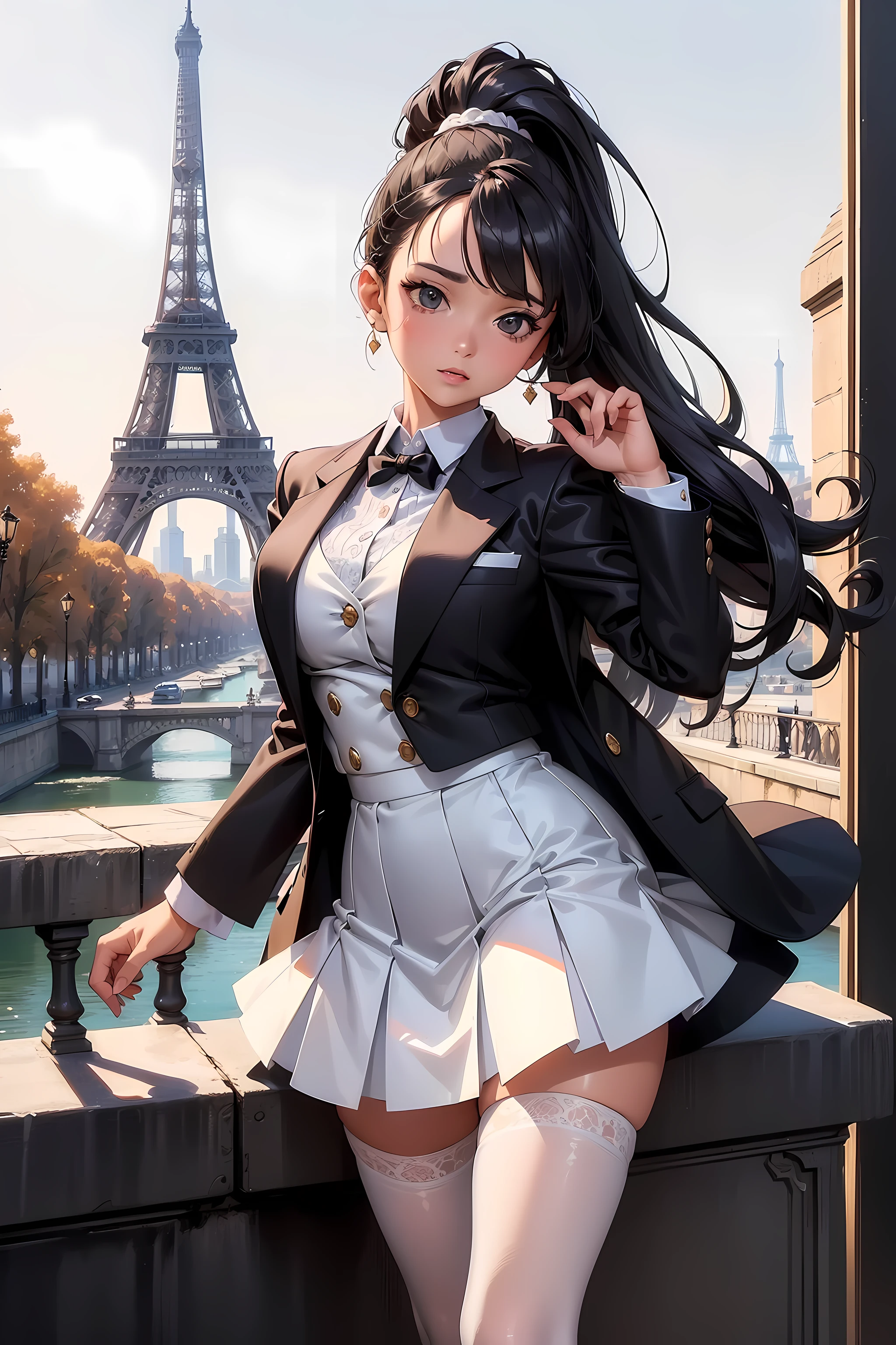 (((Masterpiece))), a top influencer woman, top quality, super detailed, cute and playful, classic blazer dress, tan skin, long curly black hair in high ponytail, white crop blazer, white mini skirt, lace tights, Paris city background