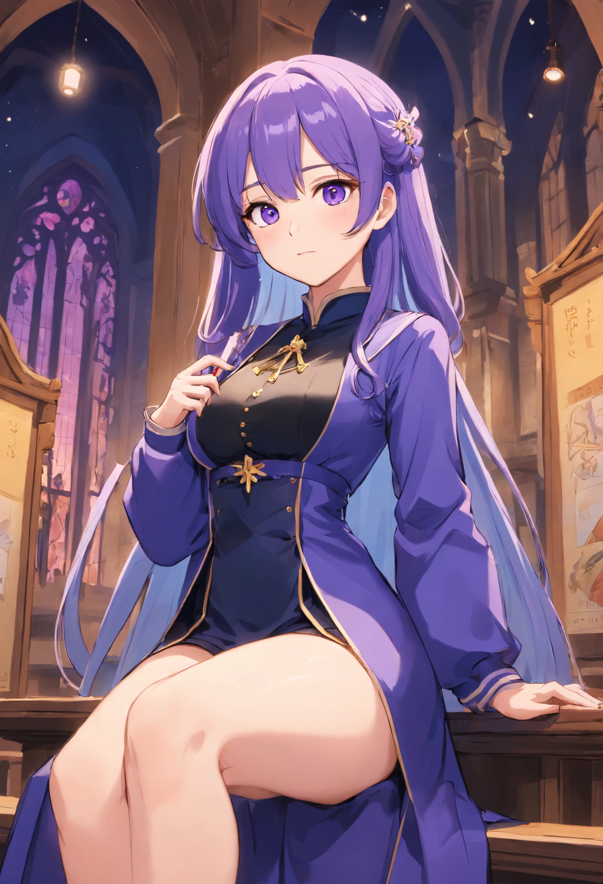 best qualtiy,超高分辨率,1girl,Female clergy,Clergy attire,lewd nun,Nun costumes,adolable,Black and white clothes,(Kpop idol),(aegyo sal:1),(Gorgeous Hair in Long Purple:1),(blue colored eyes),It looks like in front of the audience,The whole body of the character,facing the front there,highly detailed exquisite fanart, Great character design,anatomy correct,highly detailed character,Stiletto heels,Bare legs,Western-style magic