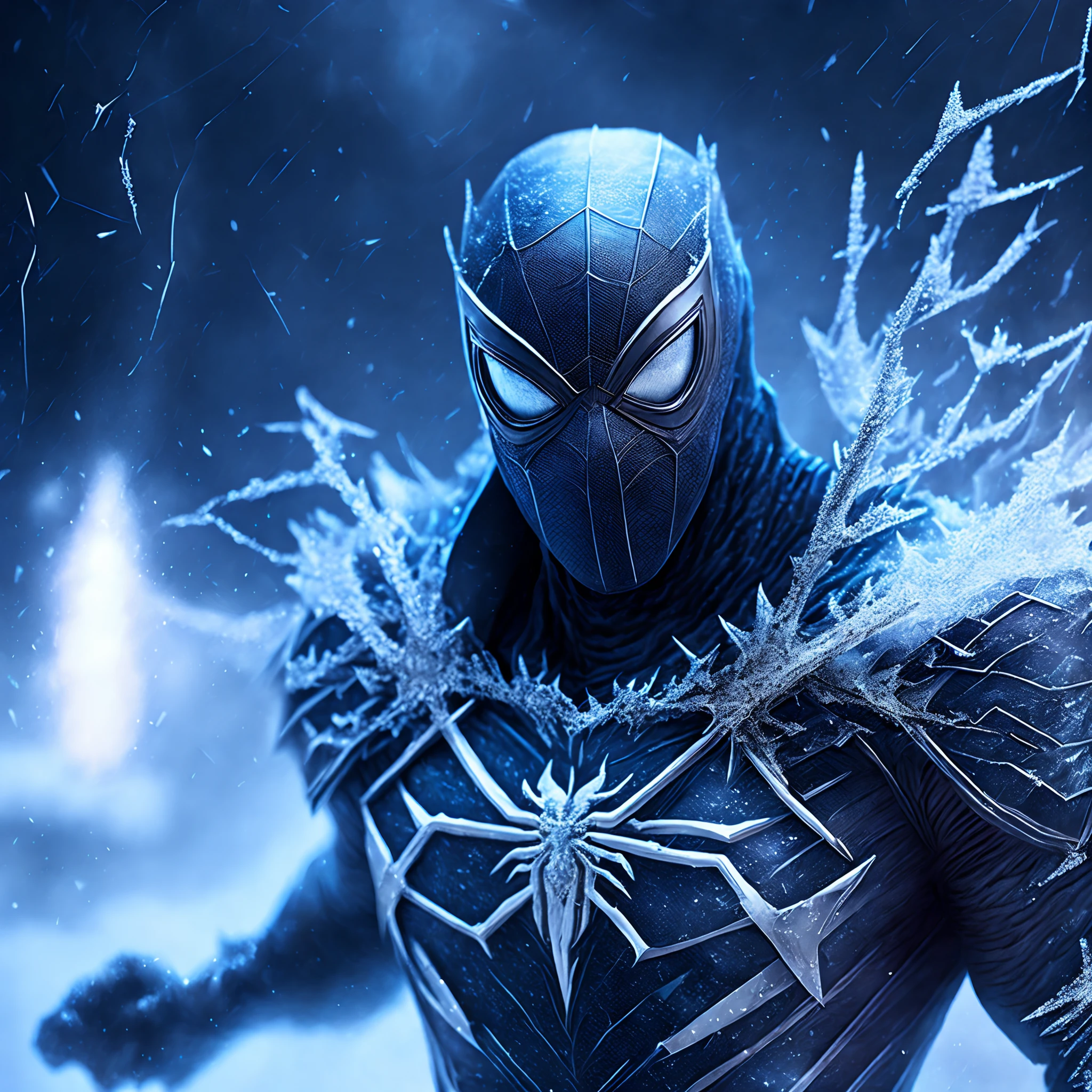 Close-up ( frozen spiderman from Marvel in Goth style: 1.3) emerging from the white freezing ice, extremely detailed, ice storm, sparks, metal shavings, flying debris, volumetric light