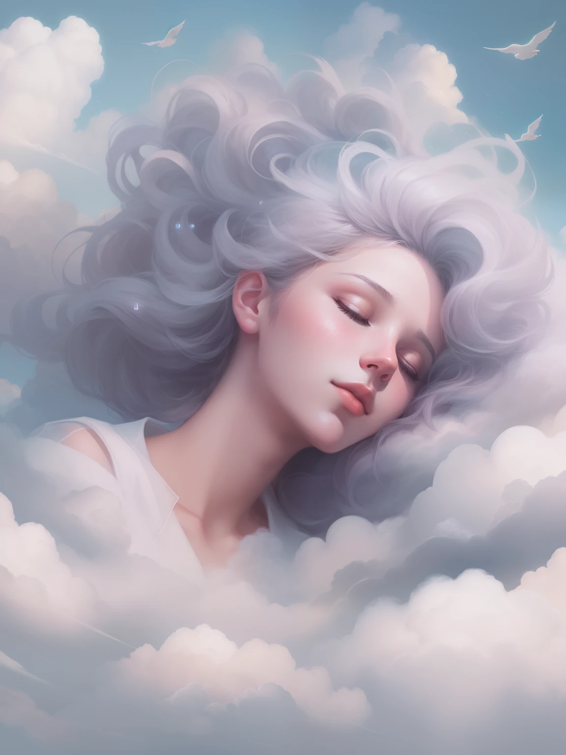 A beautiful artwork illustration, Beautiful girl sleeping in clouds,With his eyes closed,In a dream,Girl in the clouds in the sky,sitted,Beautiful facial features,Fluffy clouds,Guviz-style artwork, White cloud hair, Beautiful digital illustration, fantasy art portrait, Clouds. fantasy, guweiz masterpiece, Cloud hair