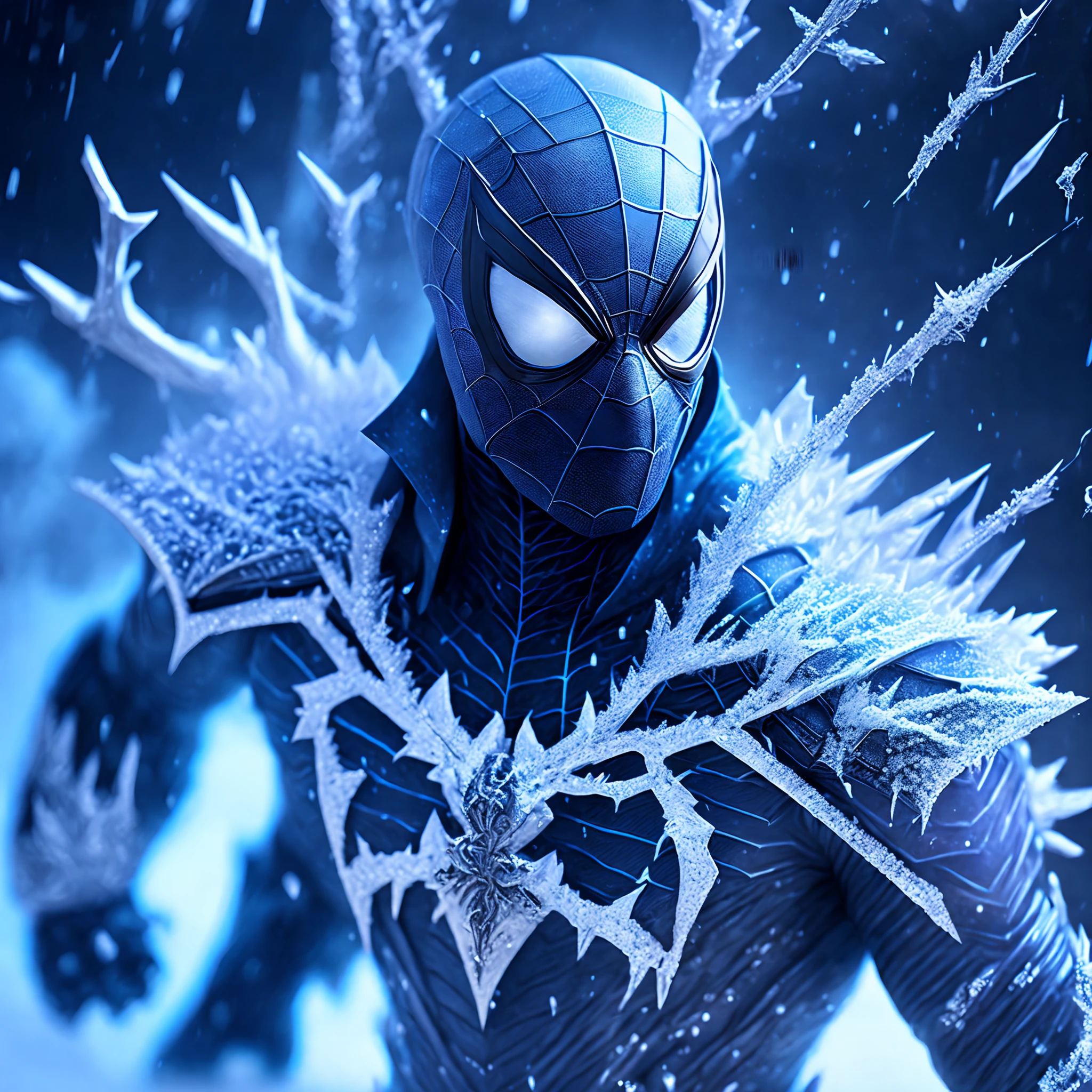 Close-up ( frozen spiderman from Marvel in Goth style: 1.3) emerging from the white freezing ice, extremely detailed, ice storm, sparks, metal shavings, flying debris, volumetric light