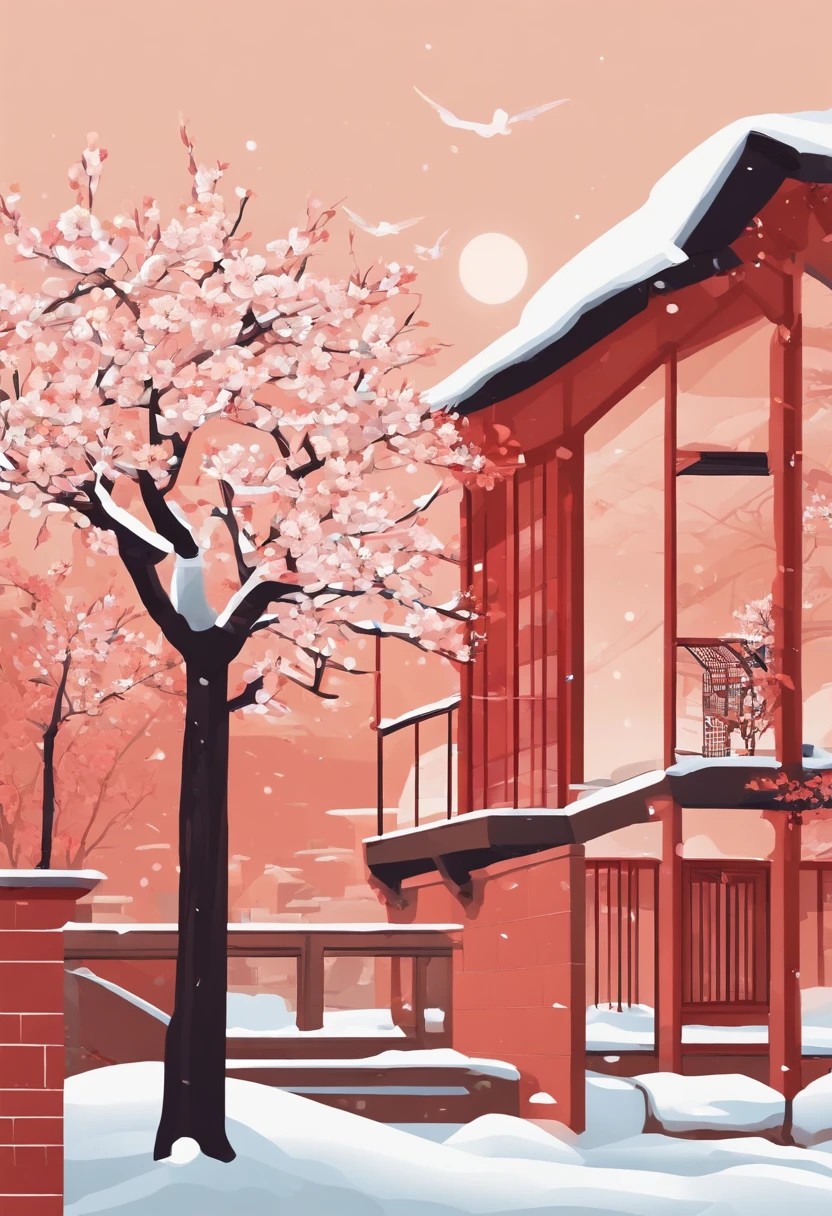 Flat illustration style，Winter solar terms，Red walls and white tiles，There is snow on the tiles，There are peach trees blossoming next to it，Non-realistic，Business posters