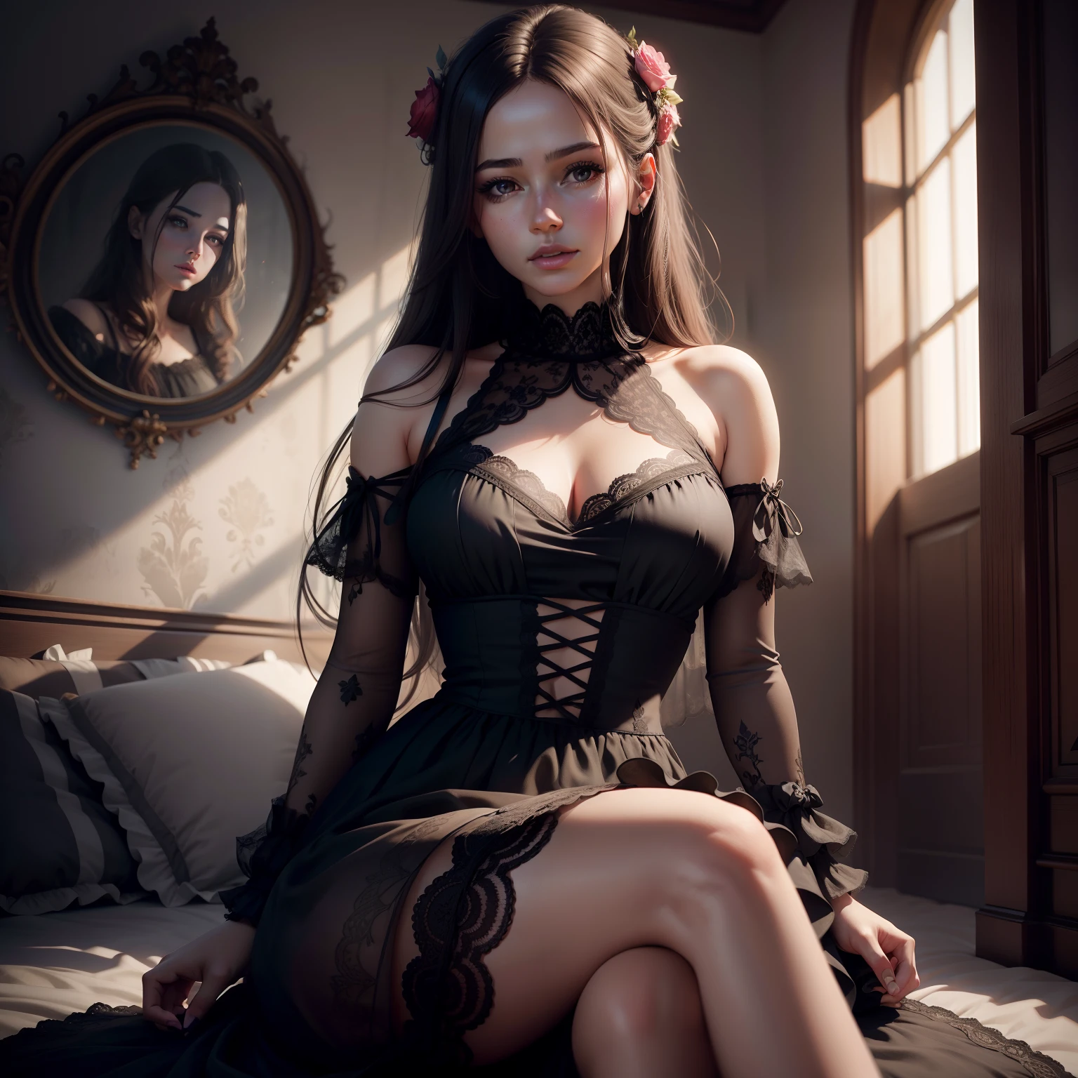 portrait of a beautiful girl in a lace dress, cinematic, realistic render, realistic, fantastic, epic
