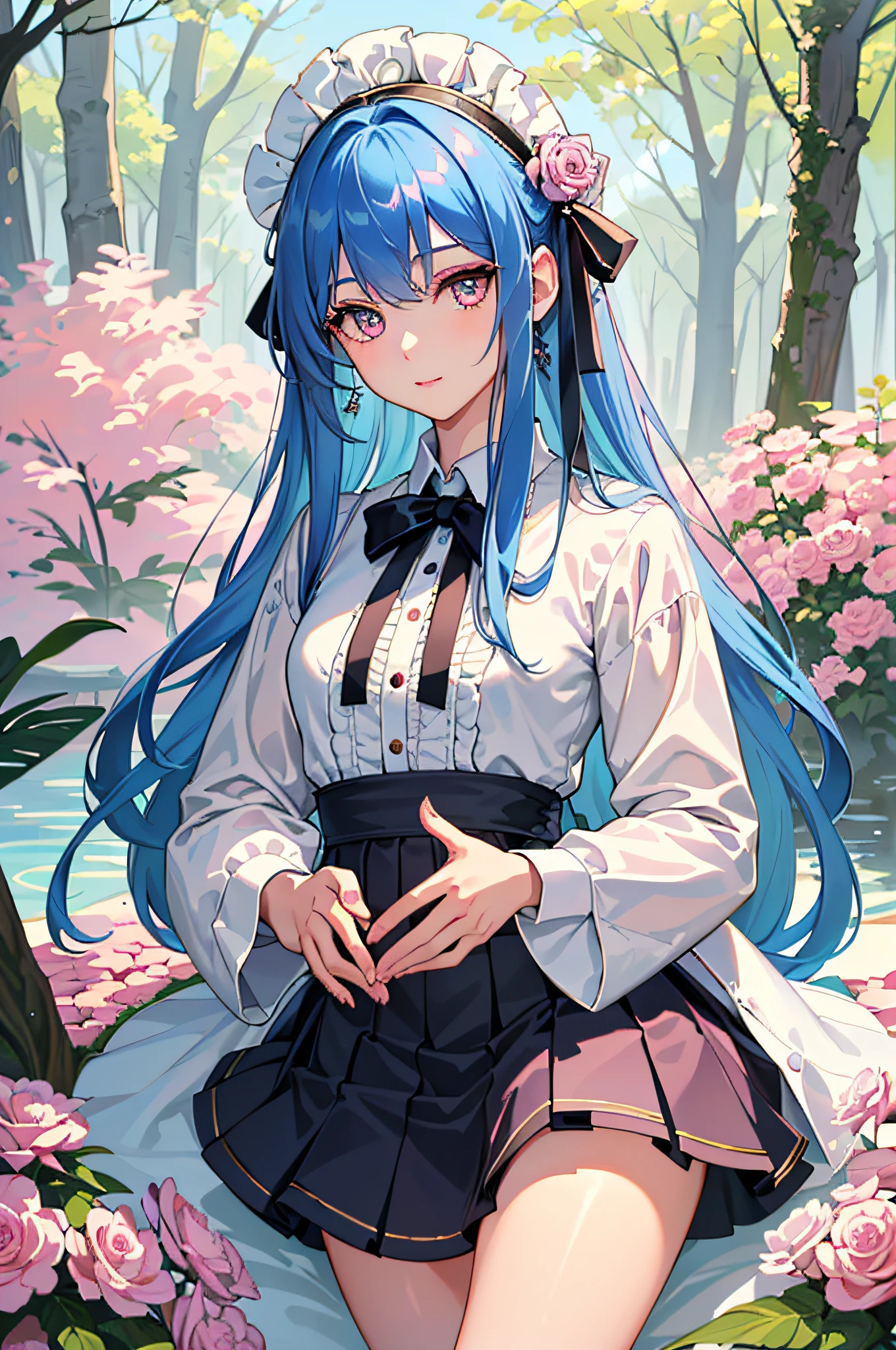 (finely detailed beautiful eyes and detailed face,masterpiece sidelighting,Masterpiece,Best quality,Detailed,high-resolution illustrations),
(1girll,Whole body,a beauty girl,Glossy glossy skin,Looking down,view the viewer),
(Sky blue hair,Pink eyes,Short skirt,ribbon,button- shirt)