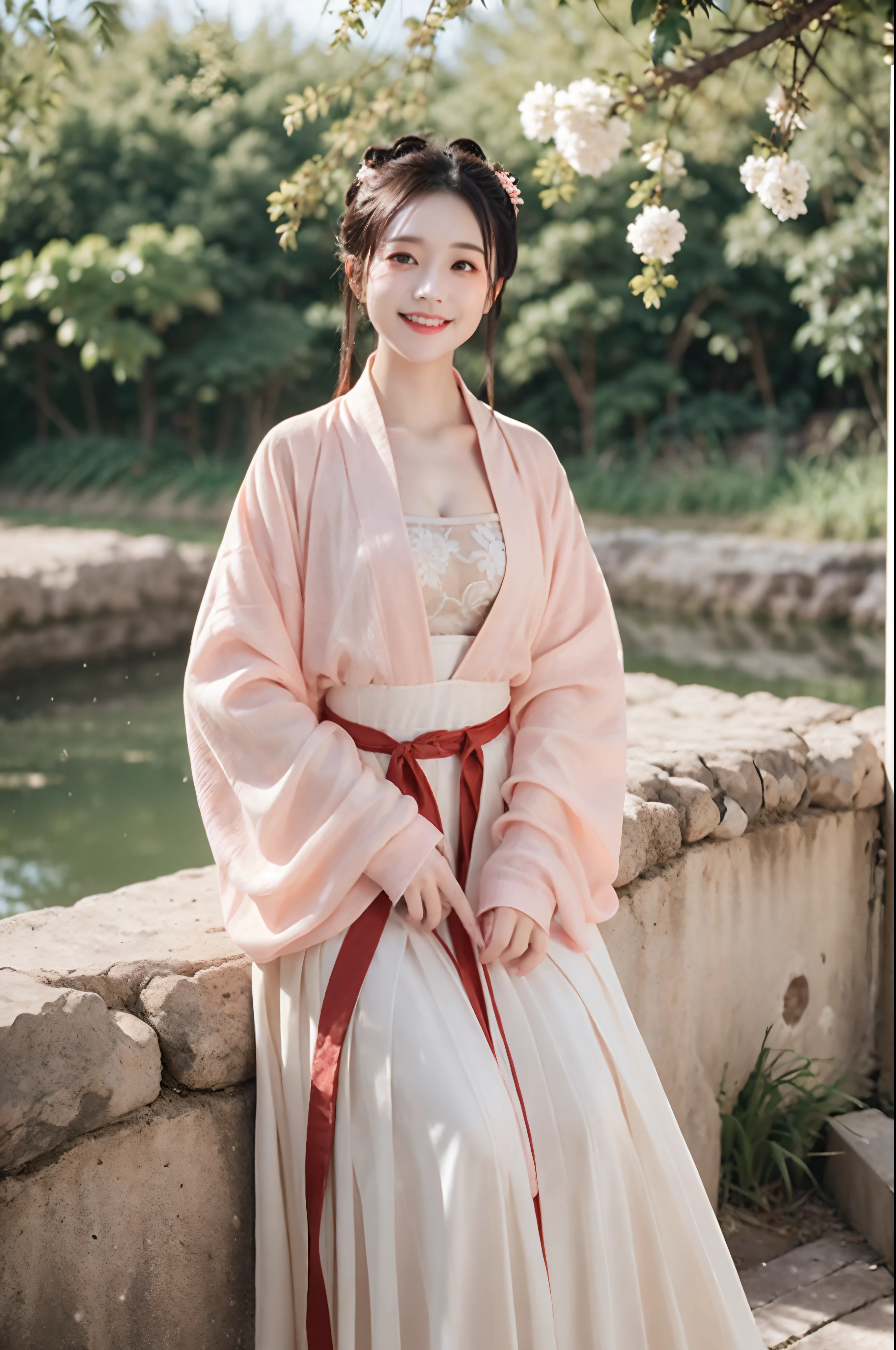 Outdoor, Looking at camera, Blush, 1girl, Cute, Seated, (Smile:1.15), (Closed mouth), Makeup, (Small:1.1), Fine eyes, (Eyelashes:1.1), (Cleavage:1.1),Knee socks, (Back arm: 1.4), (Upper body: 1.6), See-through, Han Dress, Jin, Jin Dynasty, Jin Clothing
