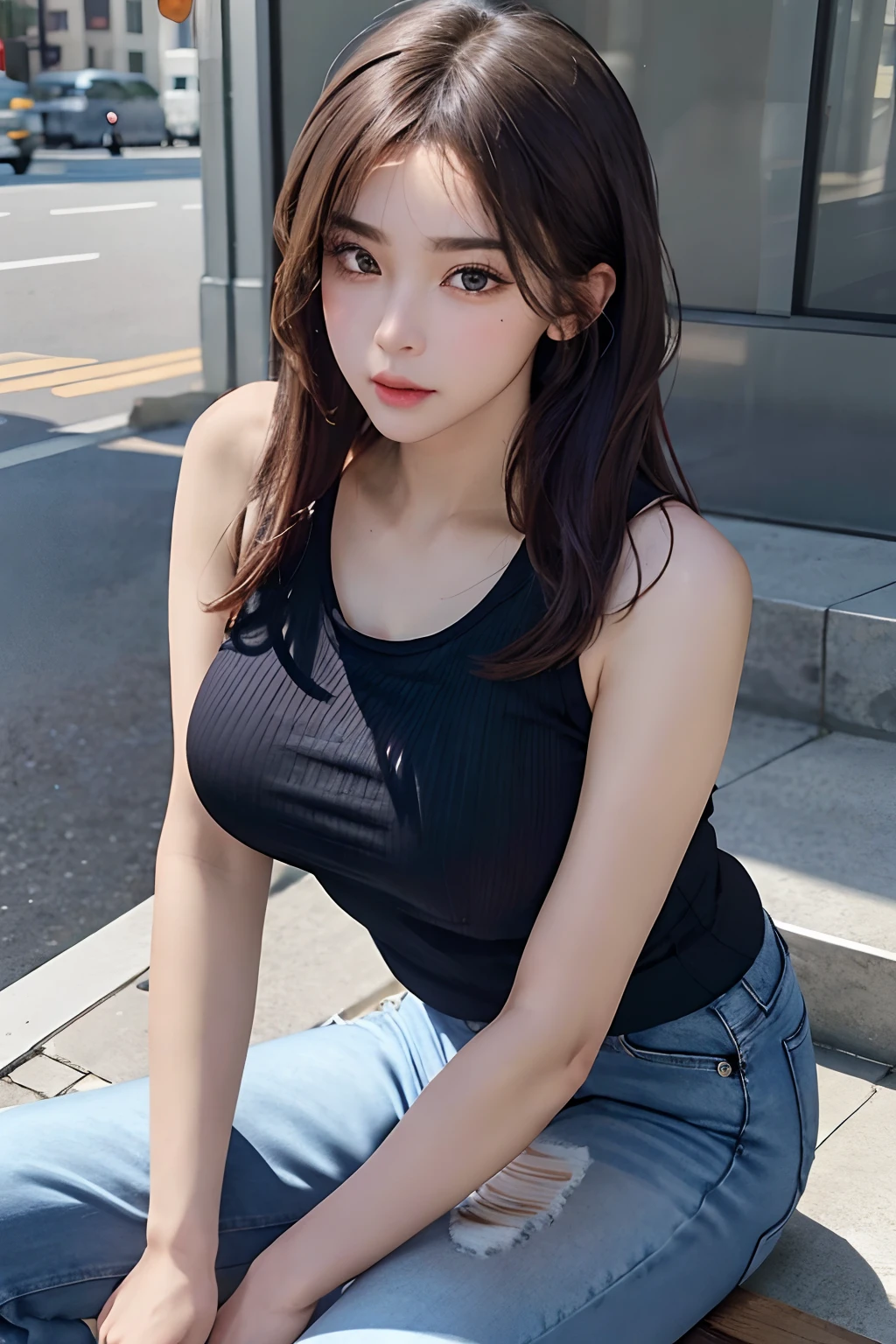 8K, Best Quality, real picture, Intricate details, Ultra-detailed, 超A high resolution, Depth Field,(Photorealistic,Realistic:1.2),(Shadow:1,3)、masutepiece,white tank tops、Jeans shorts、Shadow、The background is a skyscraper district、Sunset between buildings、Seductive breasts、Seducting breasts、爆乳、Detailed eyebrows、A detailed eye、Detailed lips、Detailed mouth、Seductive thighs、The long-haired、disheveled hair、sitting on a step、beauty legs、(rounded jaw contour,:1.4)